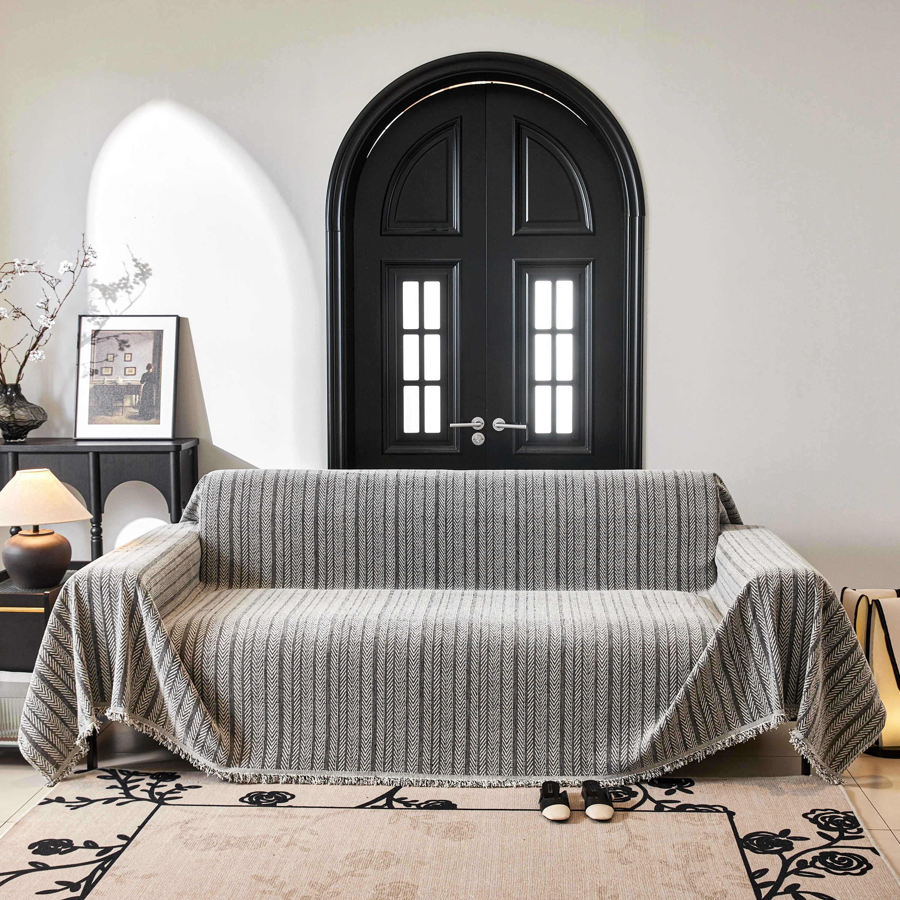 Herringbone Chenille Couch Cover Blanket Soft Durable Throw Sofa Protector with Tassel - Image 46