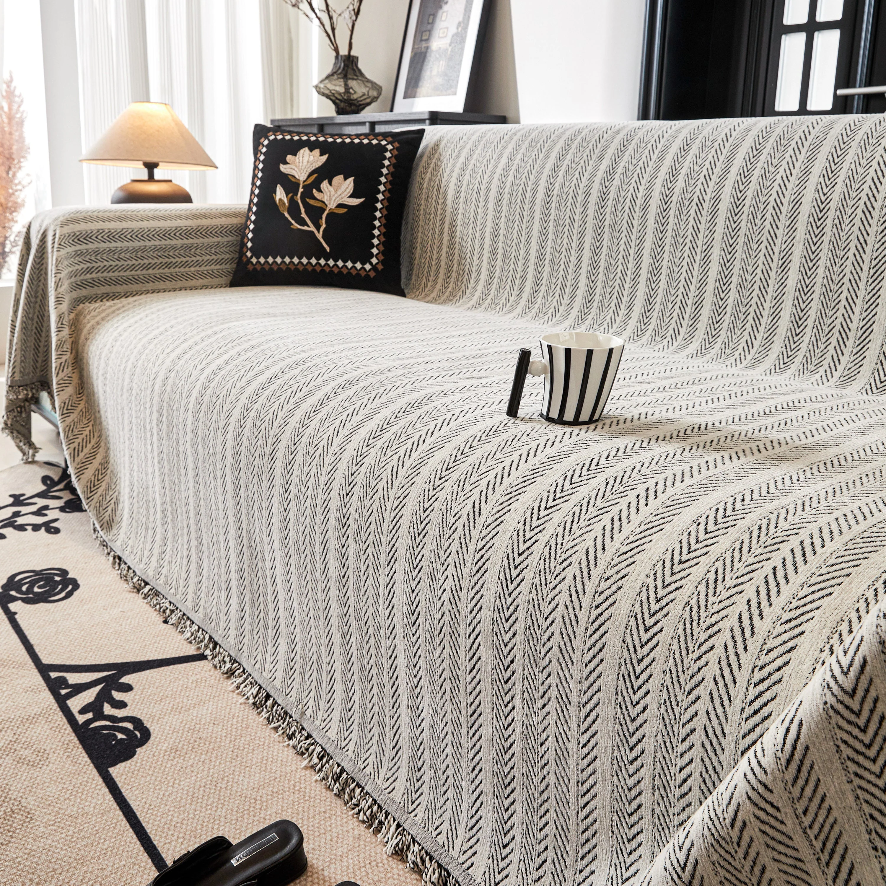 Herringbone Chenille Couch Cover Blanket Soft Durable Throw Sofa Protector with Tassel - Image 47