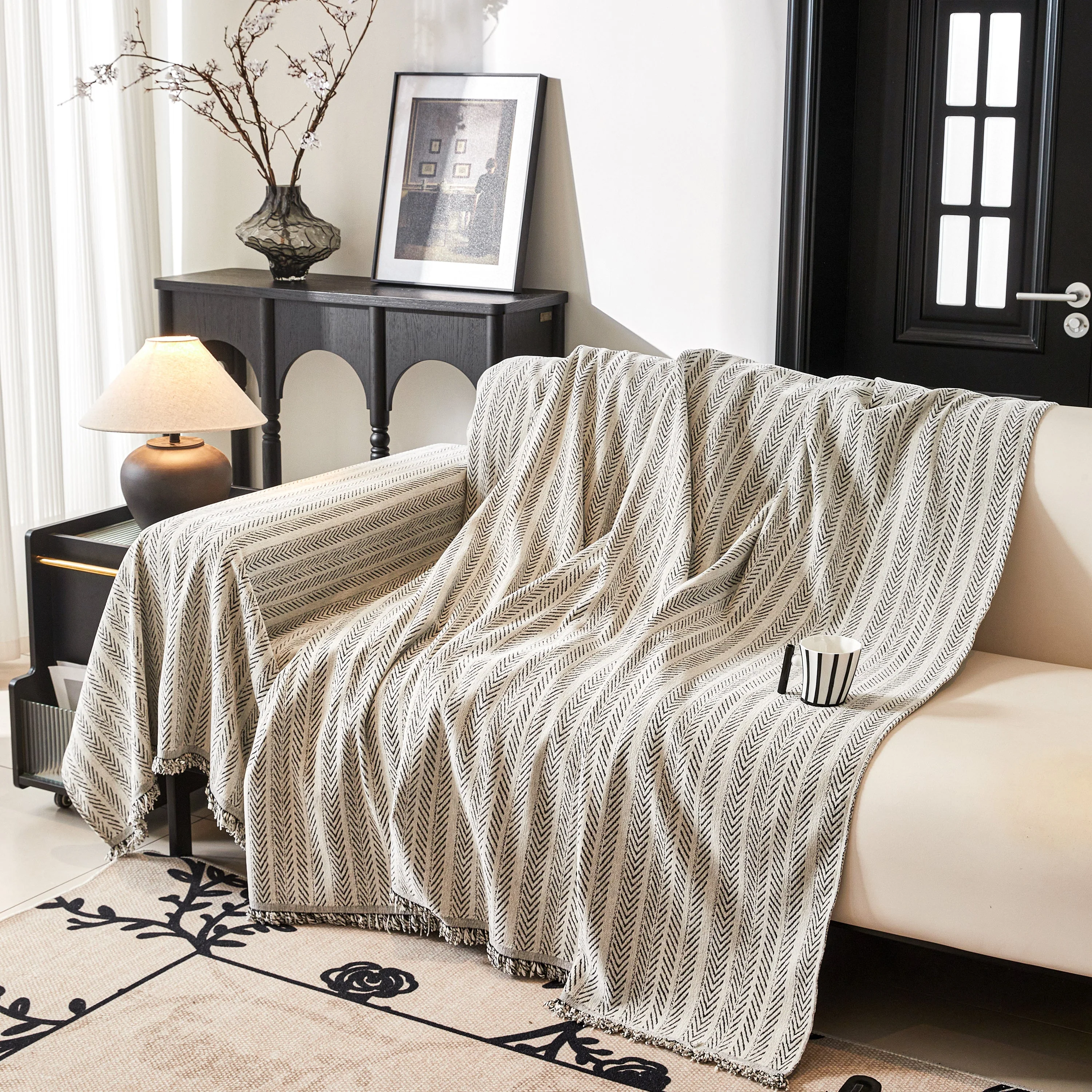 Herringbone Chenille Couch Cover Blanket Soft Durable Throw Sofa Protector with Tassel - Image 57