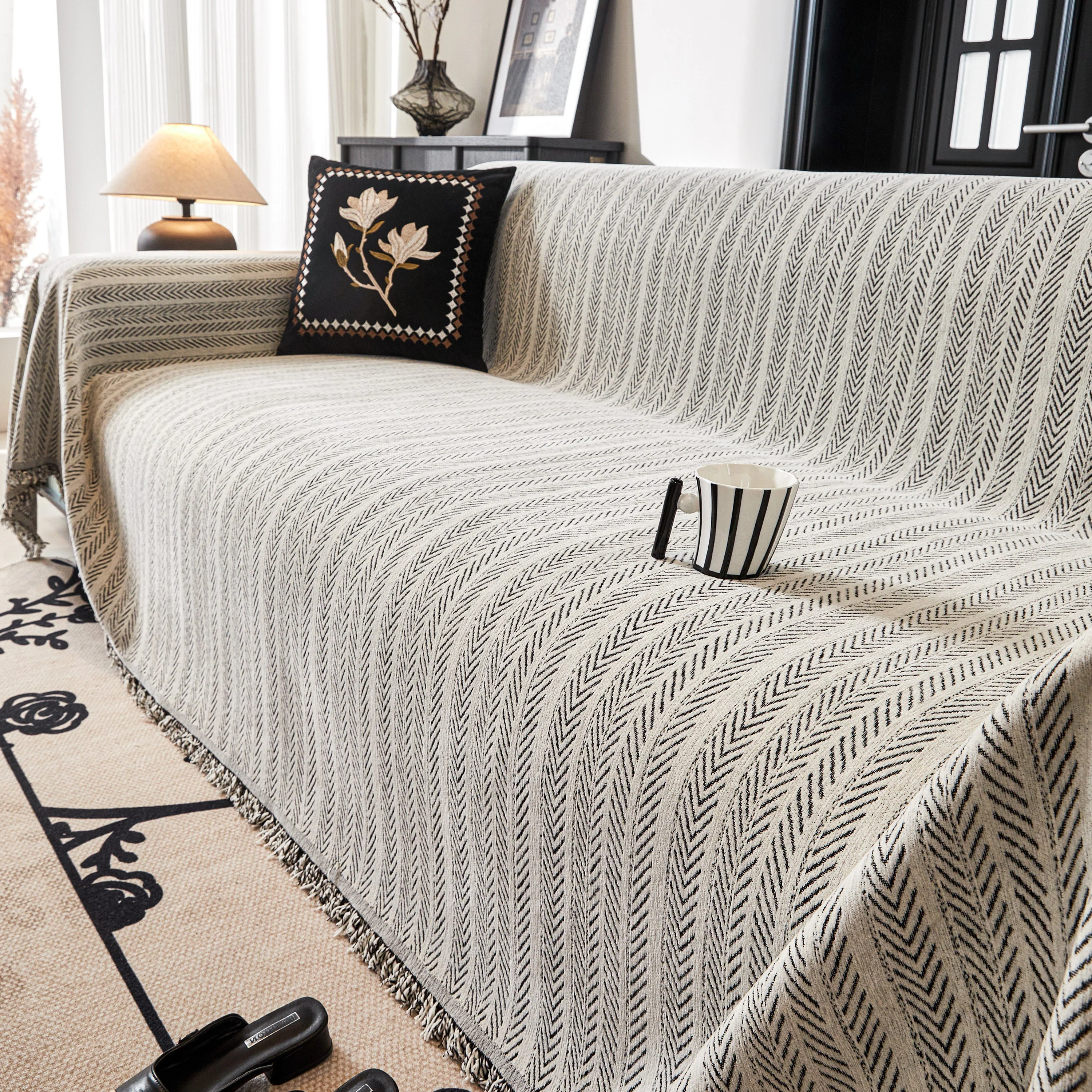 Herringbone Chenille Couch Cover Blanket Soft Durable Throw Sofa Protector with Tassel - Image 58