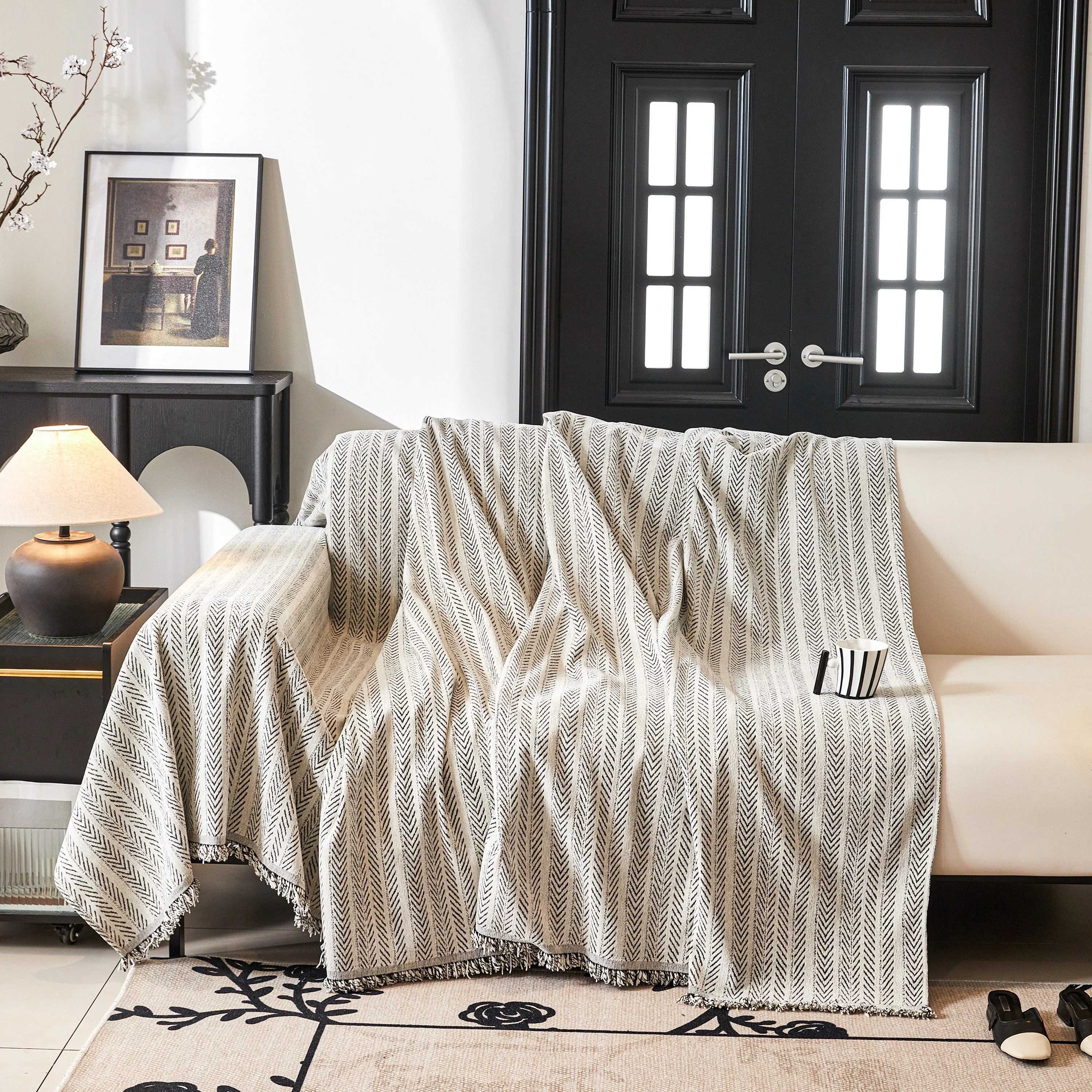Herringbone Chenille Couch Cover Blanket Soft Durable Throw Sofa Protector with Tassel - Image 61