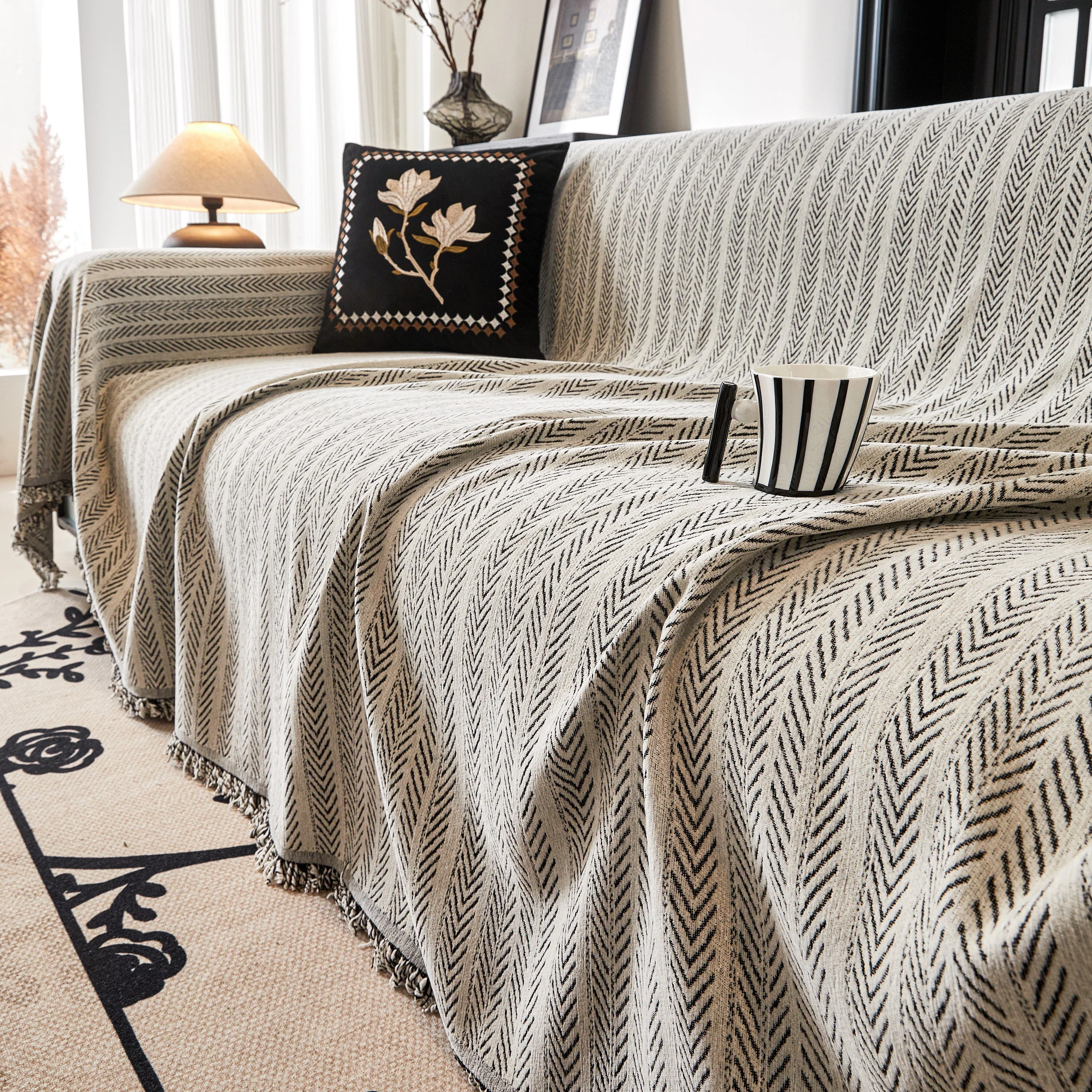 Herringbone Chenille Couch Cover Blanket Soft Durable Throw Sofa Protector with Tassel - Image 62