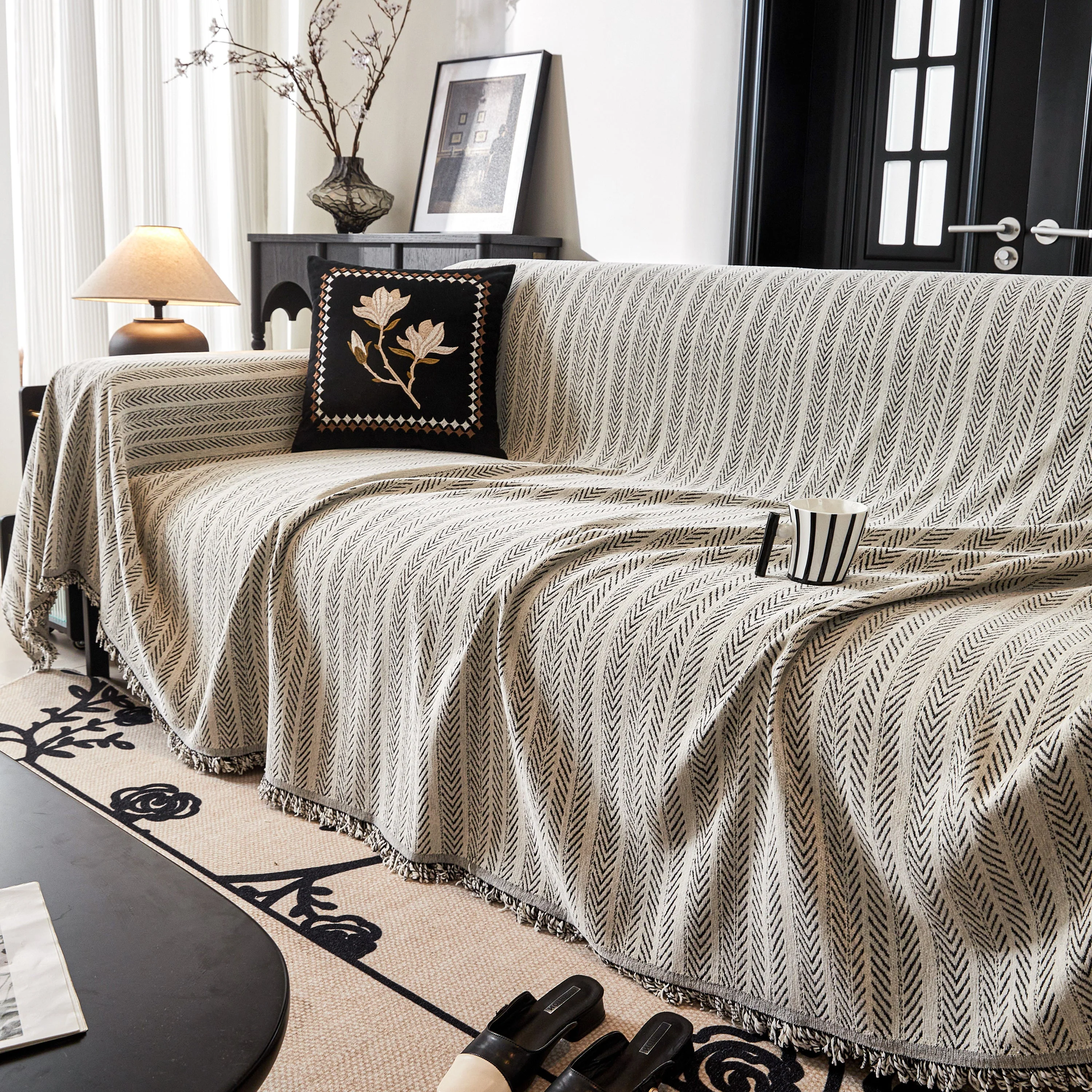 Herringbone Chenille Couch Cover Blanket Soft Durable Throw Sofa Protector with Tassel - Image 63