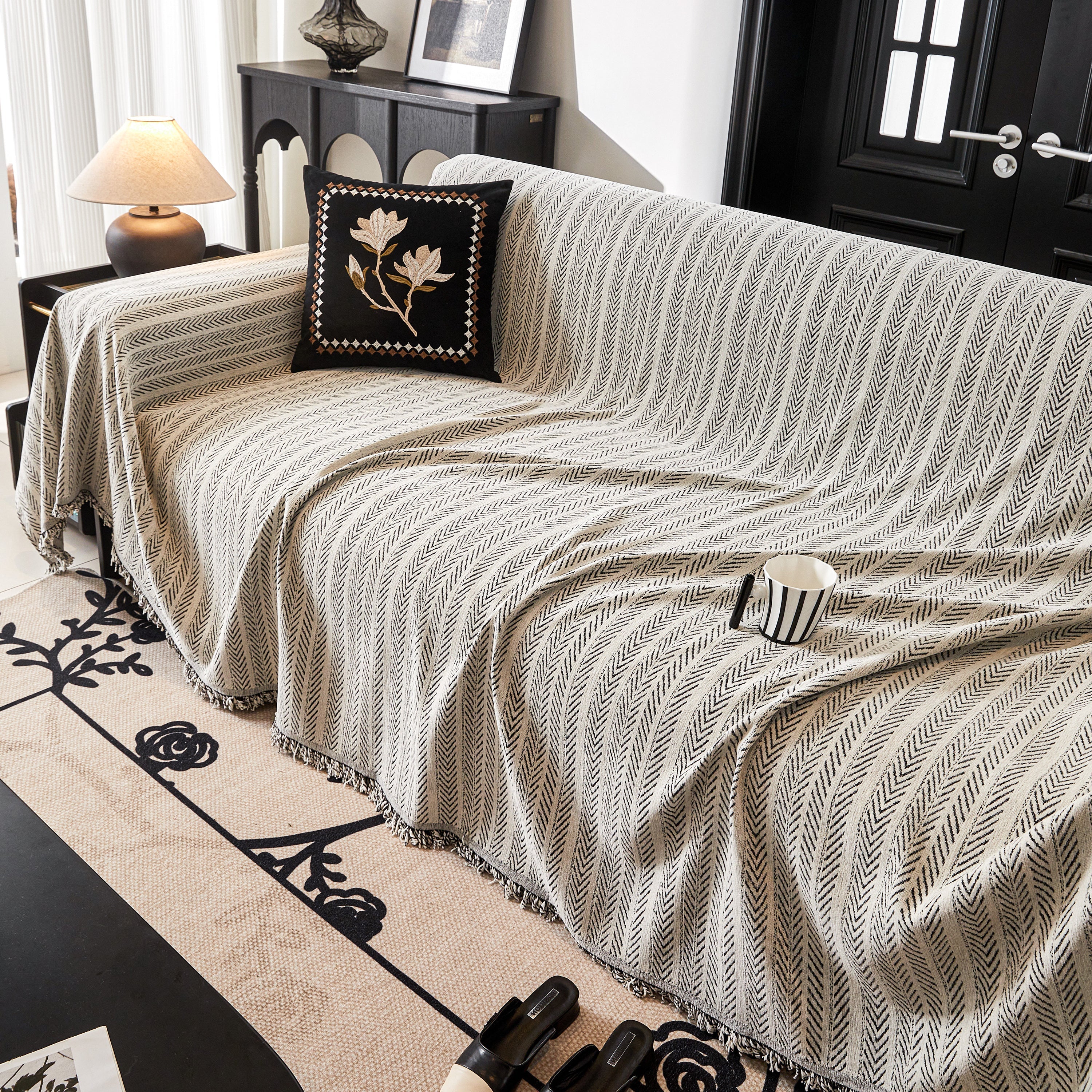 Herringbone Chenille Couch Cover Blanket Soft Durable Throw Sofa Protector with Tassel - Image 64