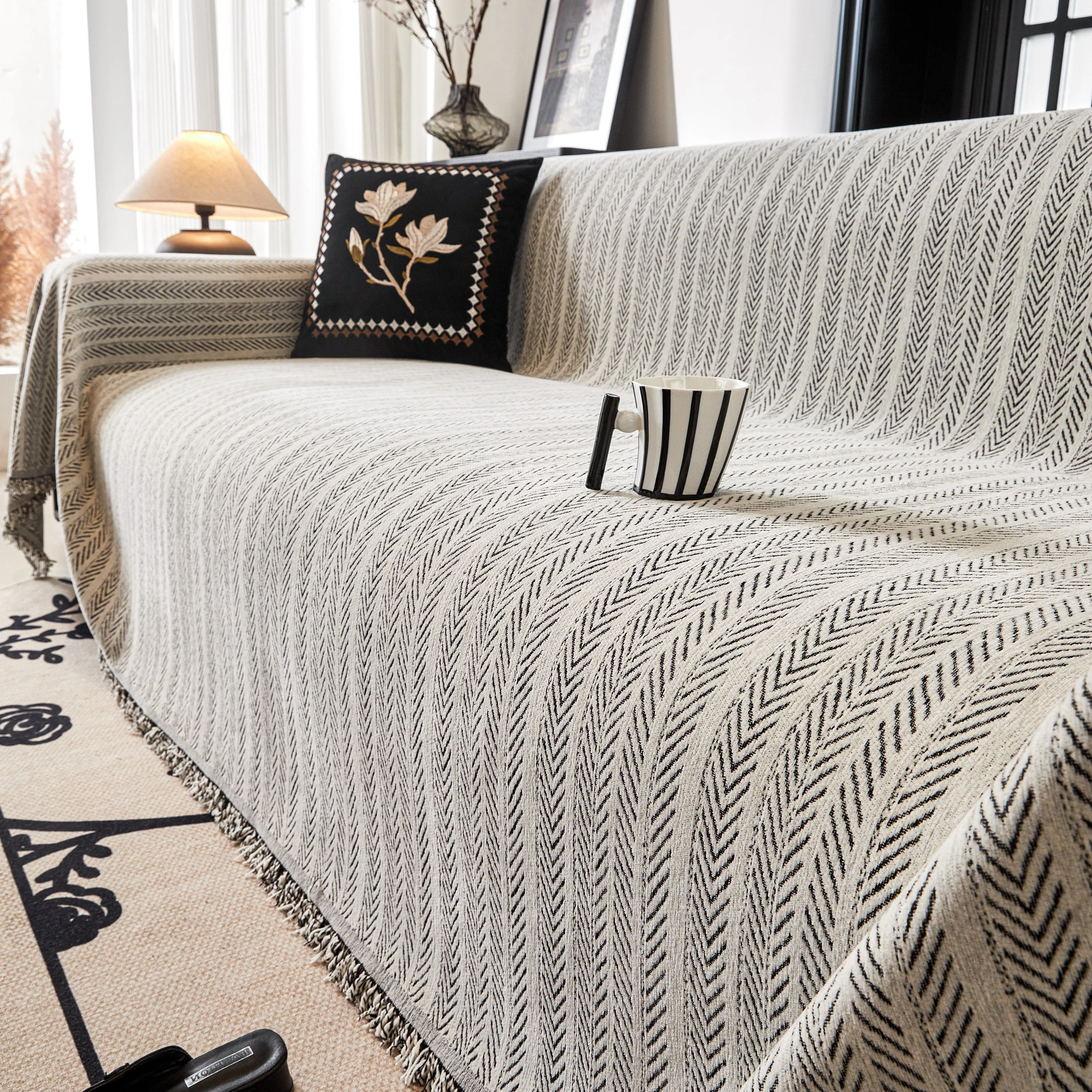 Herringbone Chenille Couch Cover Blanket Soft Durable Throw Sofa Protector with Tassel - Image 65