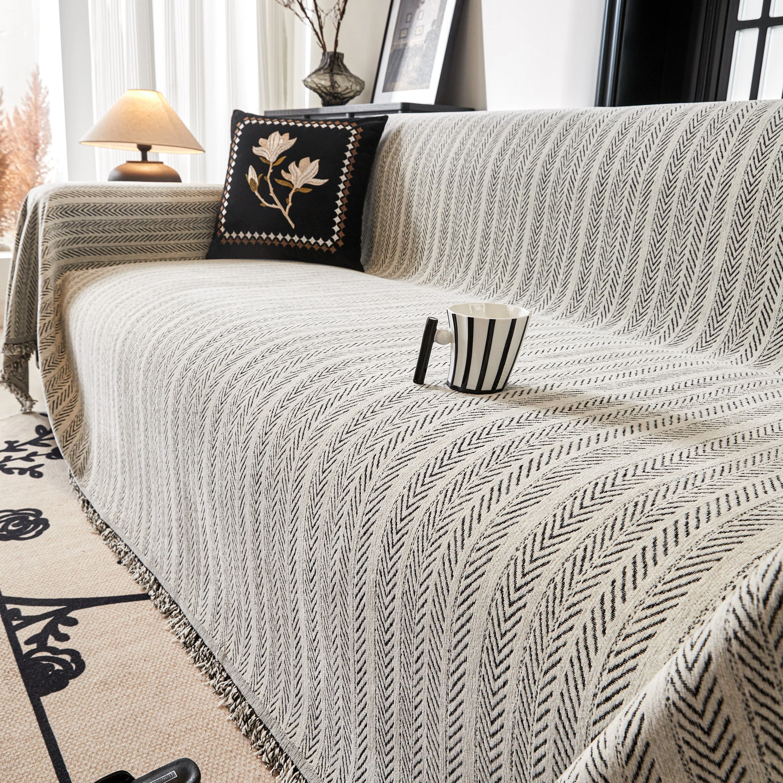 Herringbone Chenille Couch Cover Blanket Soft Durable Throw Sofa Protector with Tassel - Image 66