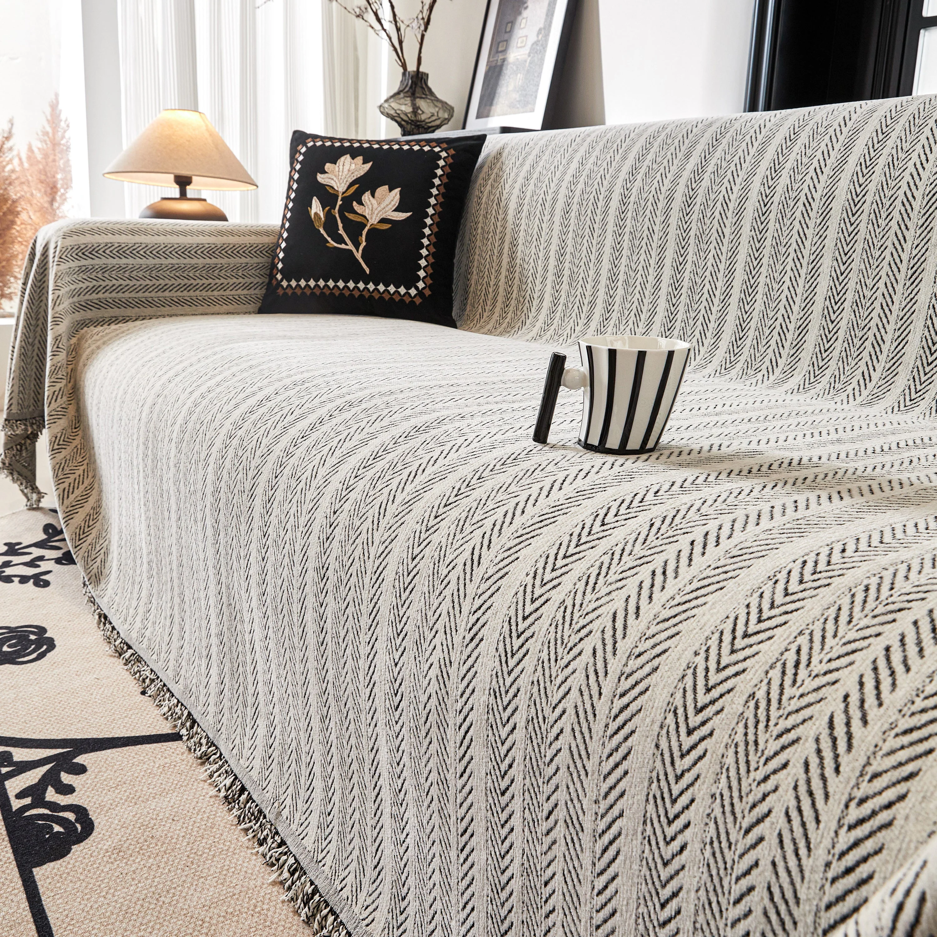 Herringbone Chenille Couch Cover Blanket Soft Durable Throw Sofa Protector with Tassel - Image 67