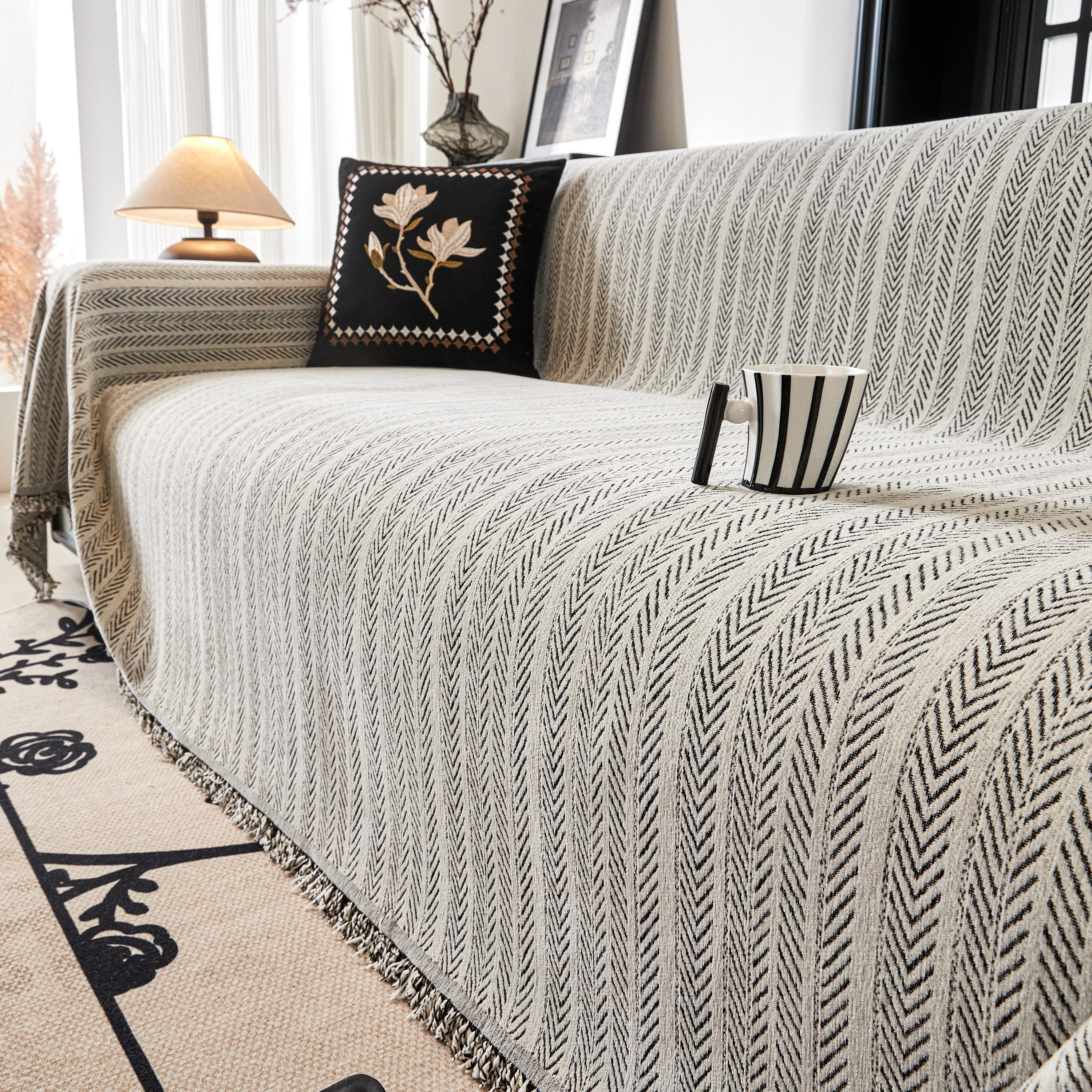 Herringbone Chenille Couch Cover Blanket Soft Durable Throw Sofa Protector with Tassel - Image 68