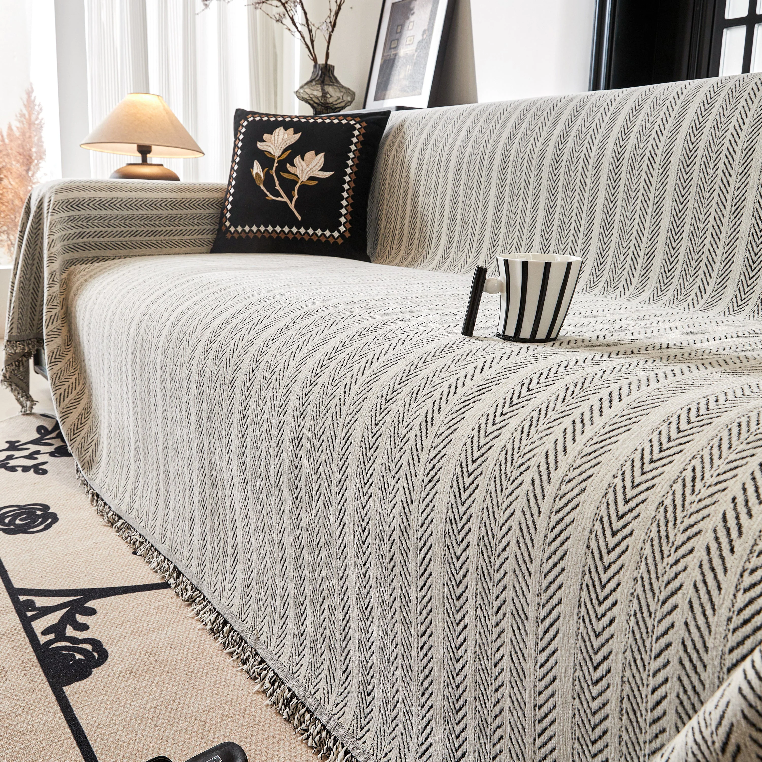 Herringbone Chenille Couch Cover Blanket Soft Durable Throw Sofa Protector with Tassel - Image 69