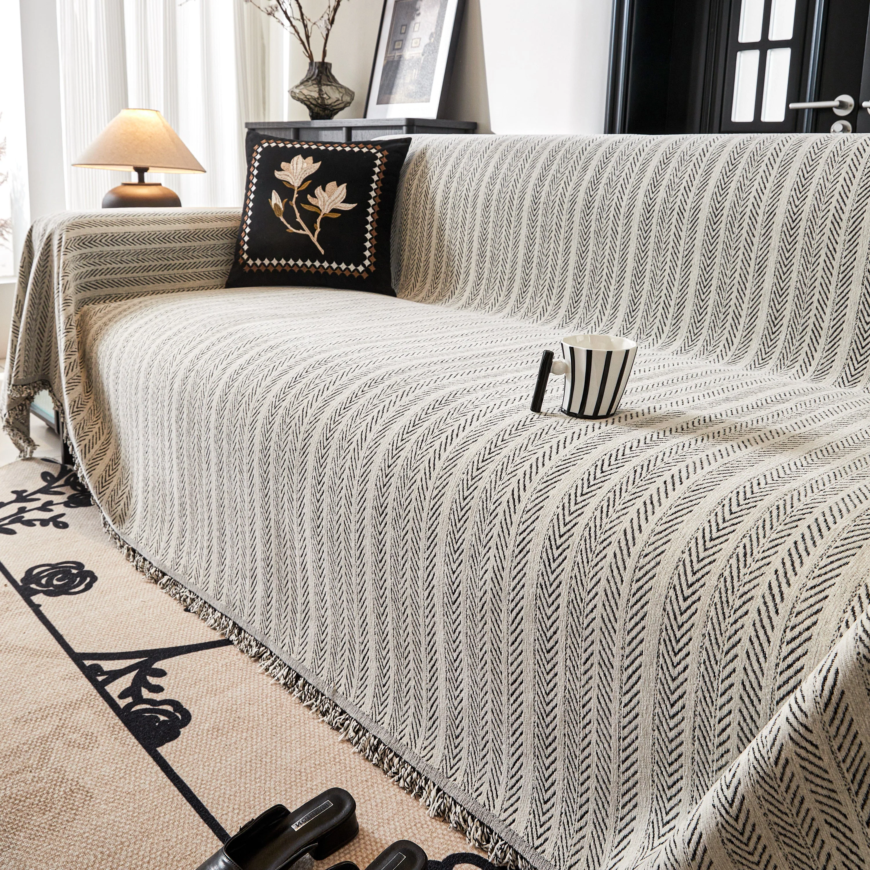 Herringbone Chenille Couch Cover Blanket Soft Durable Throw Sofa Protector with Tassel - Image 70