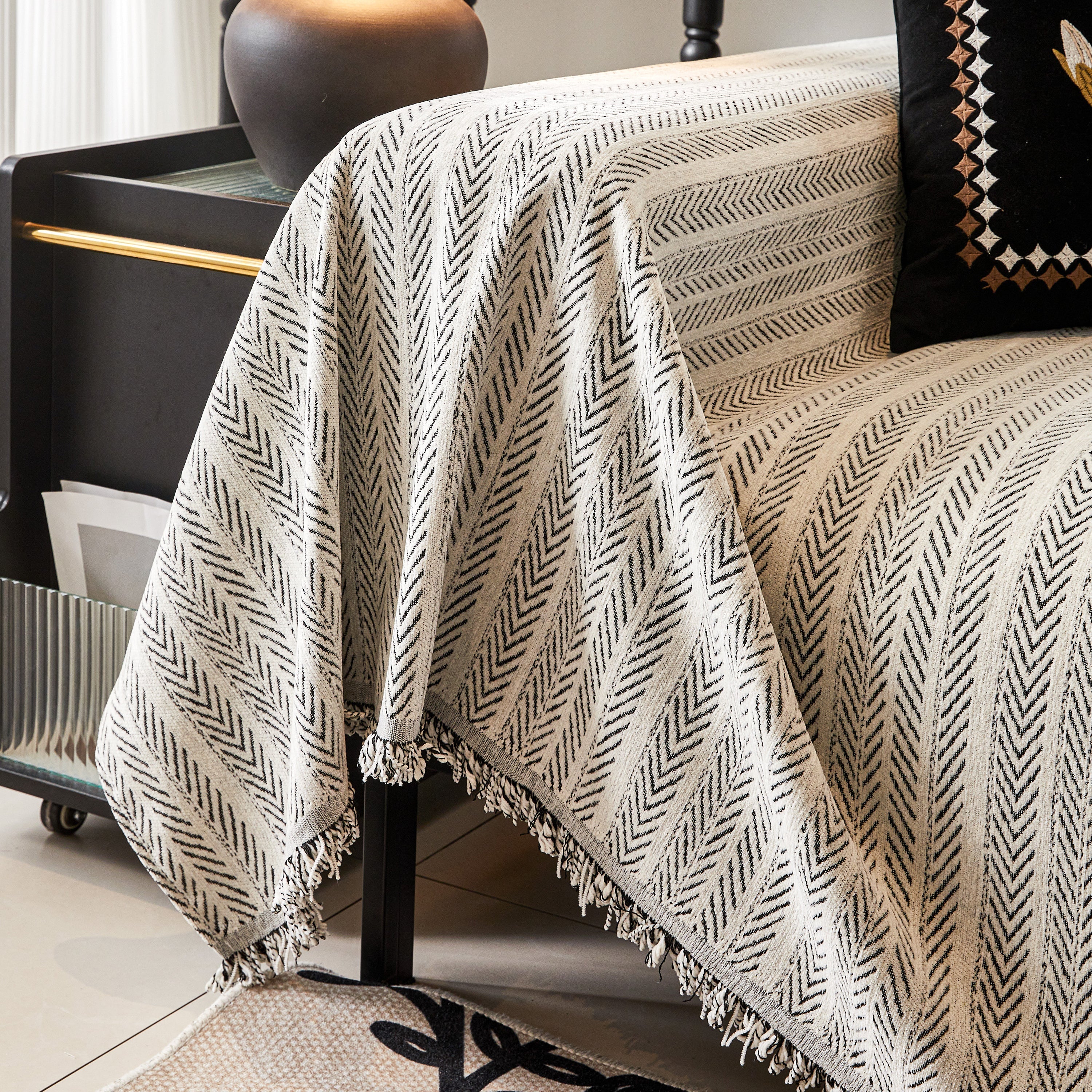 Herringbone Chenille Couch Cover Blanket Soft Durable Throw Sofa Protector with Tassel - Image 71