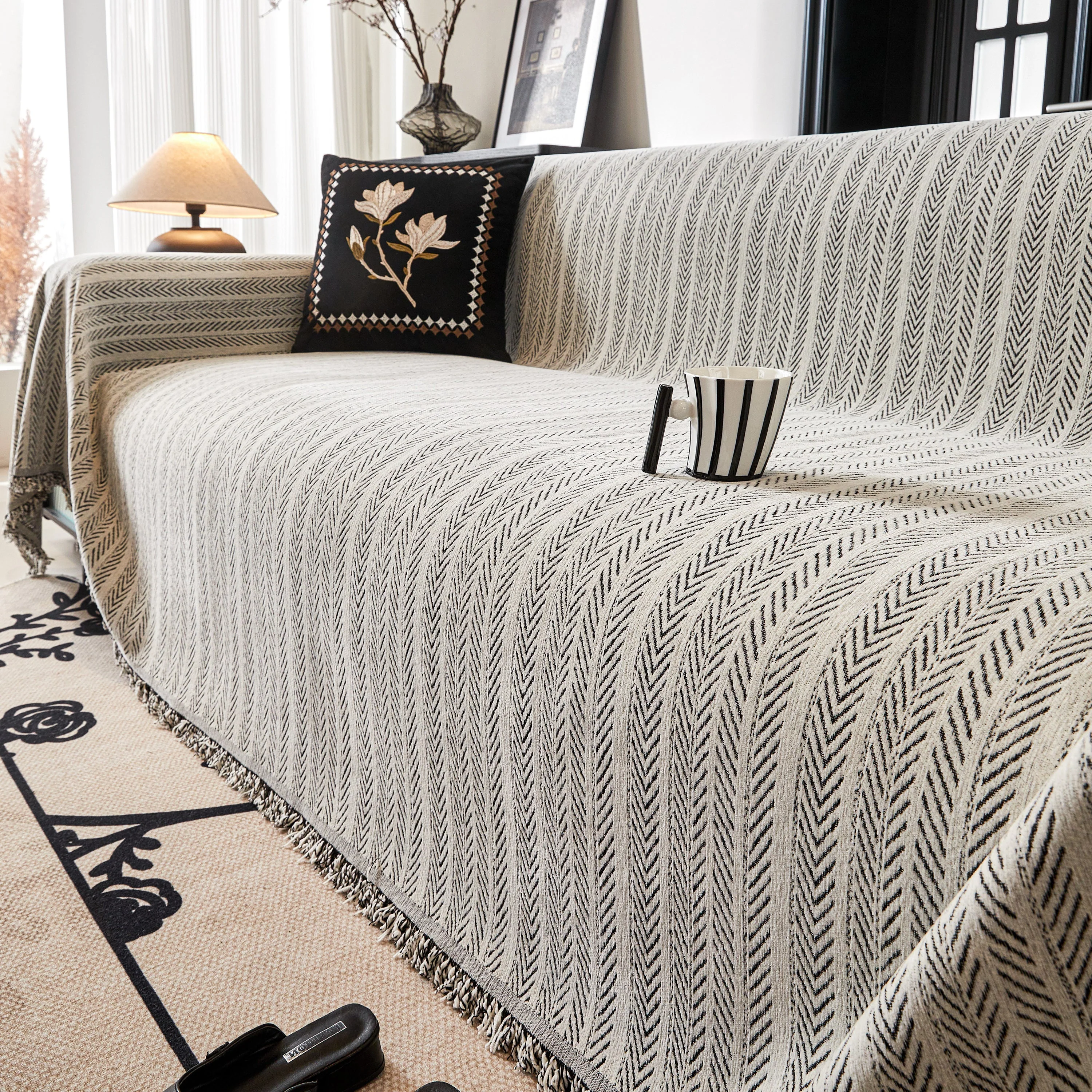 Herringbone Chenille Couch Cover Blanket Soft Durable Throw Sofa Protector with Tassel - Image 72