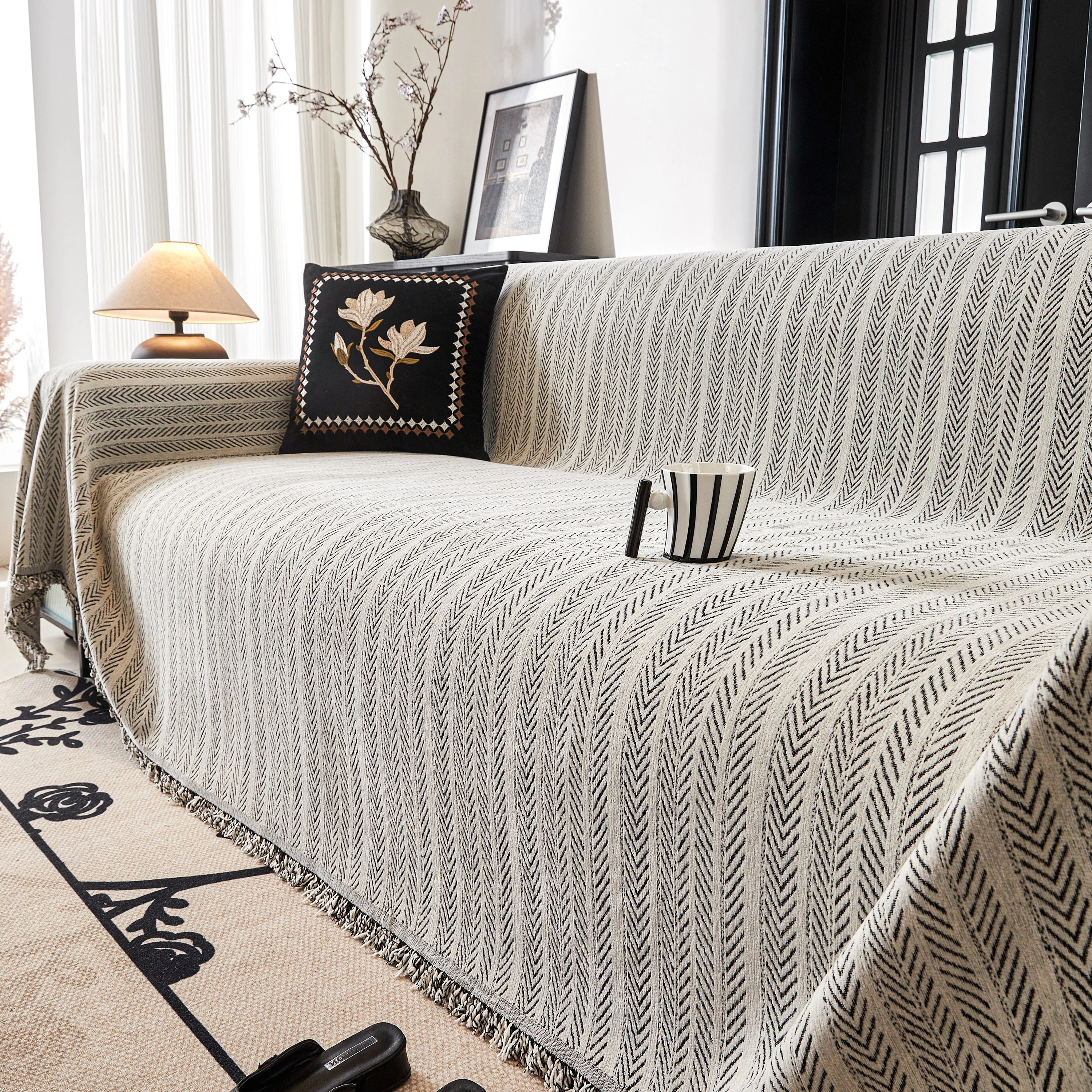 Herringbone Chenille Couch Cover Blanket Soft Durable Throw Sofa Protector with Tassel - Image 73