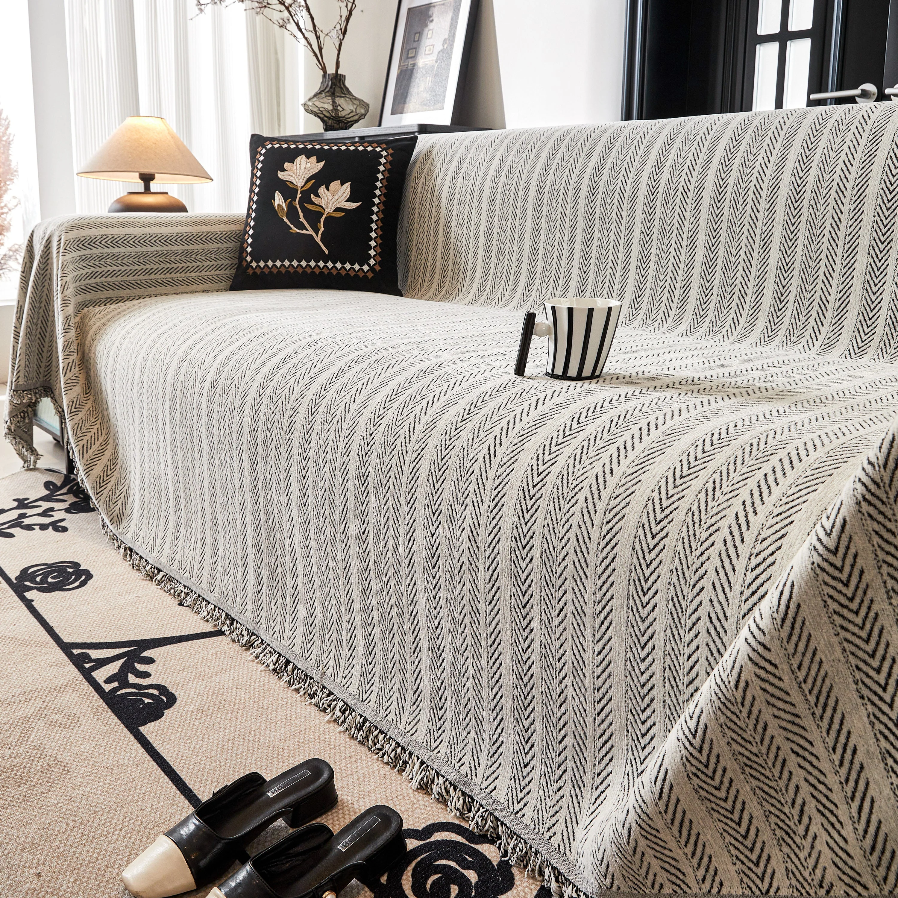 Herringbone Chenille Couch Cover Blanket Soft Durable Throw Sofa Protector with Tassel - Image 74