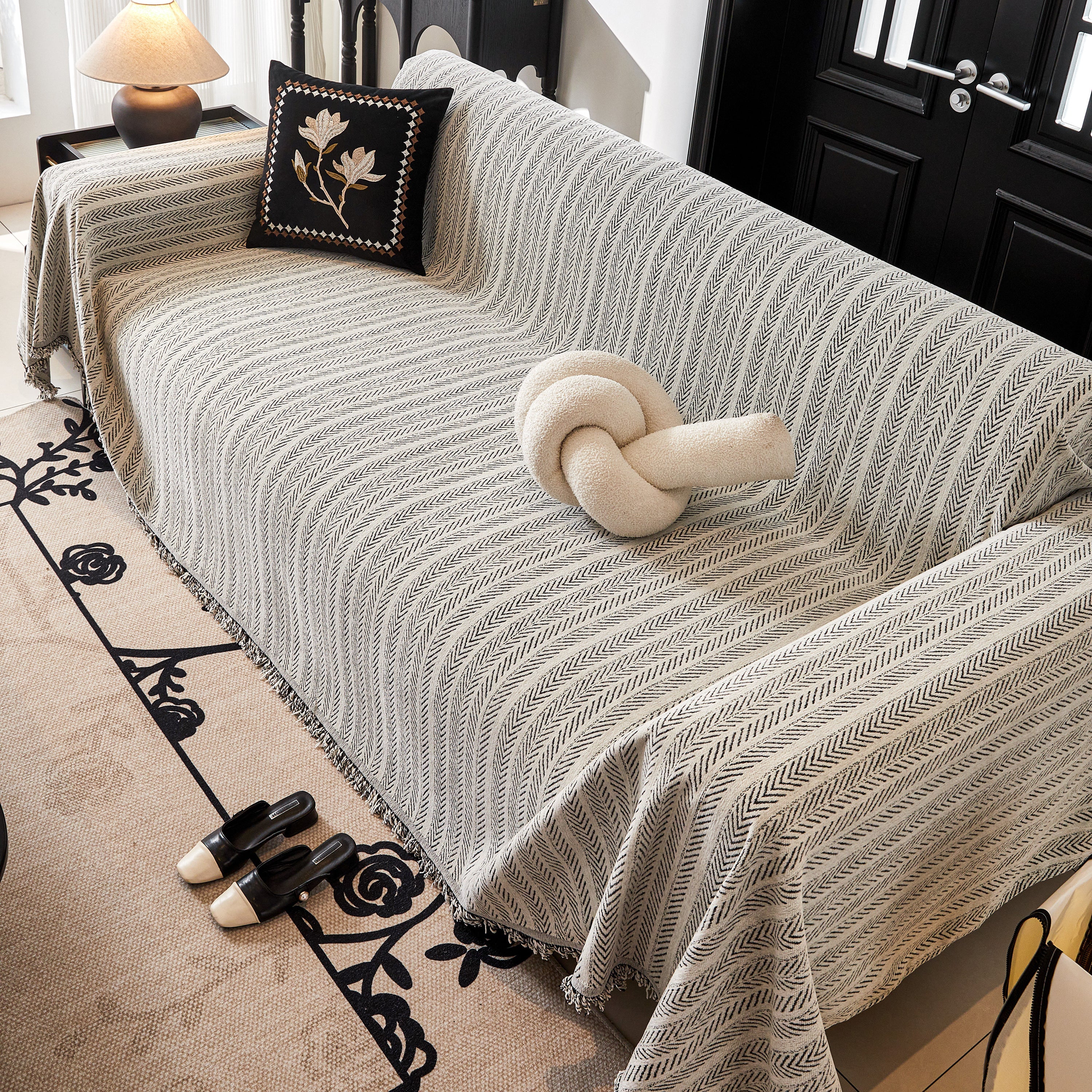Herringbone Chenille Couch Cover Blanket Soft Durable Throw Sofa Protector with Tassel - Image 75
