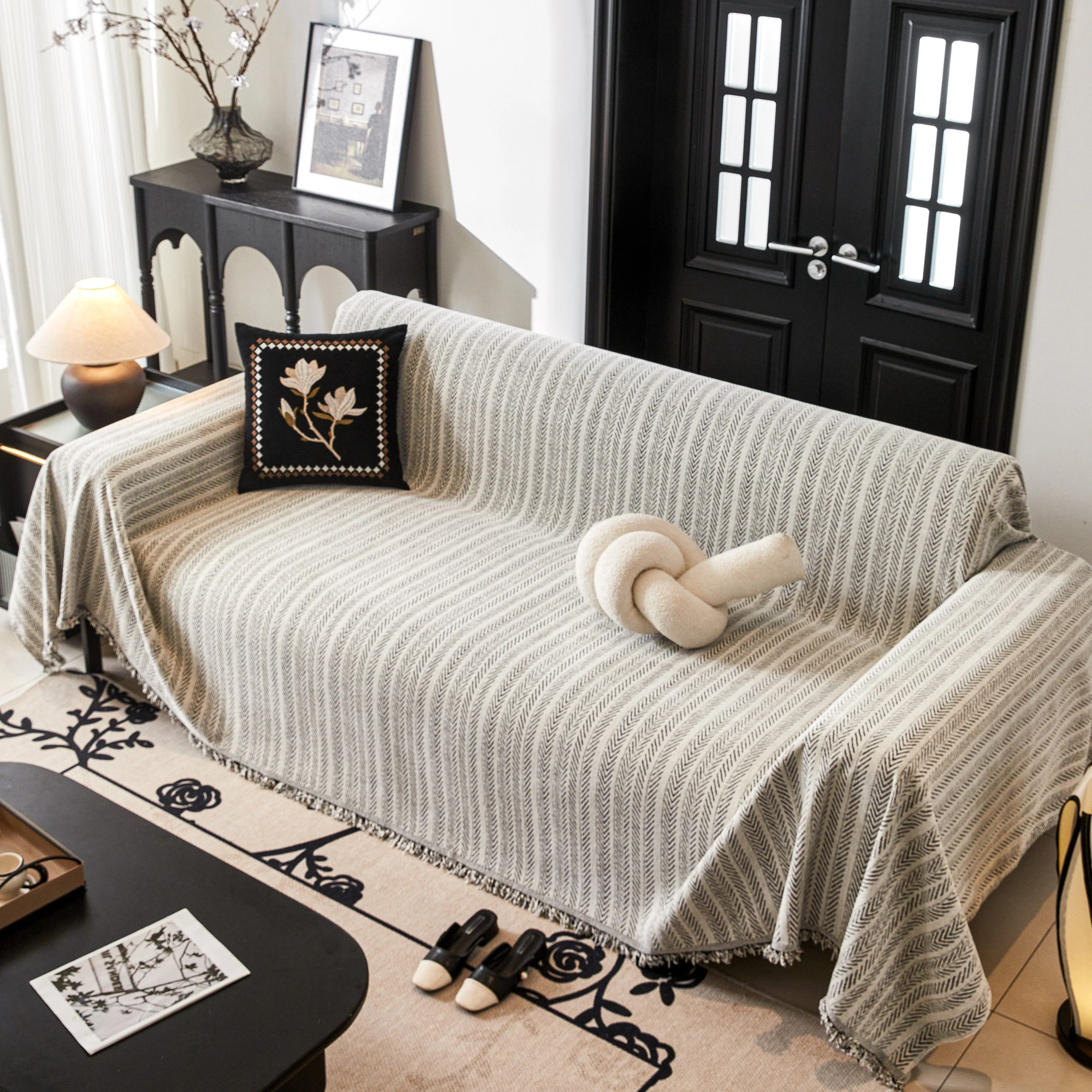 Herringbone Chenille Couch Cover Blanket Soft Durable Throw Sofa Protector with Tassel - Image 76