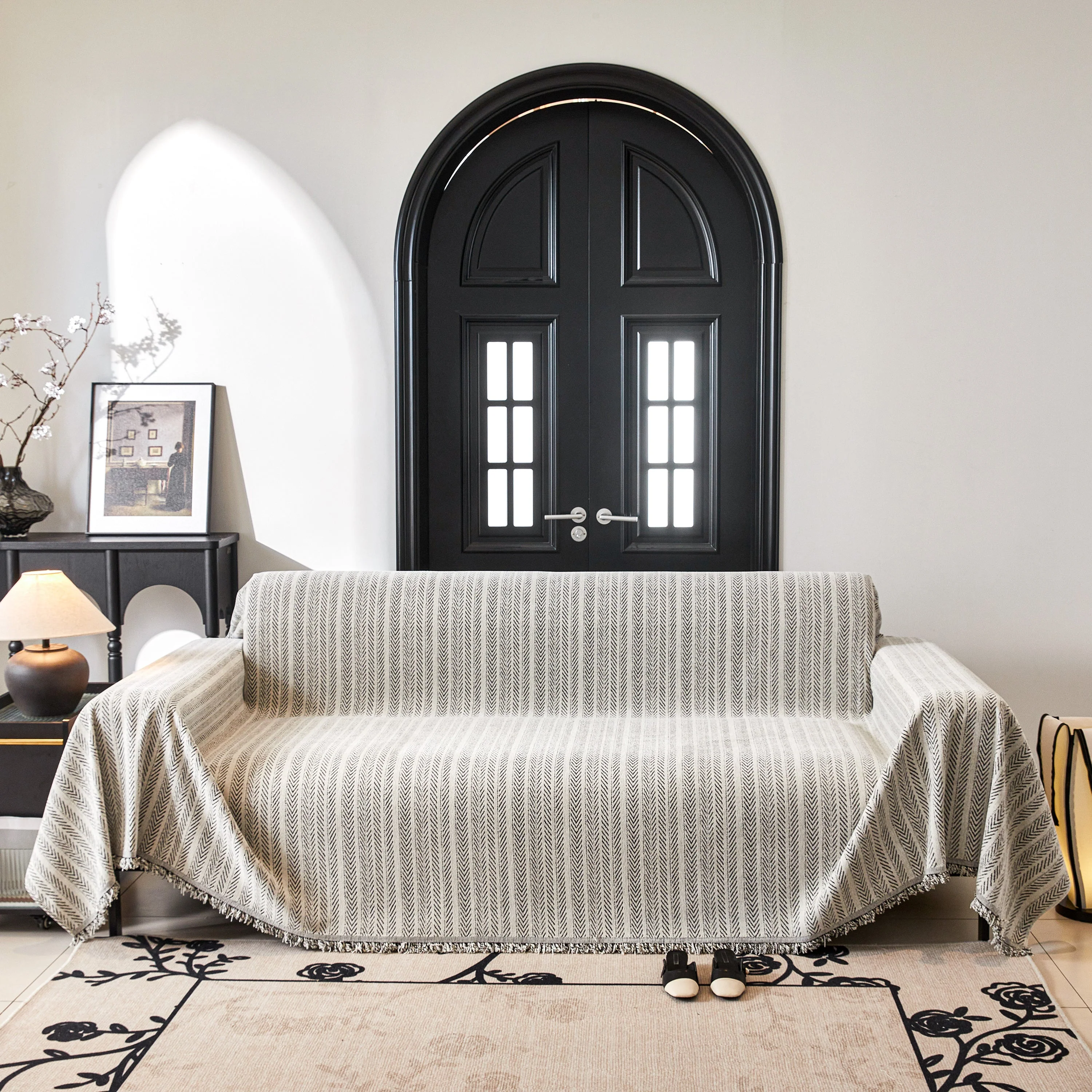 Herringbone Chenille Couch Cover Blanket Soft Durable Throw Sofa Protector with Tassel - Image 78