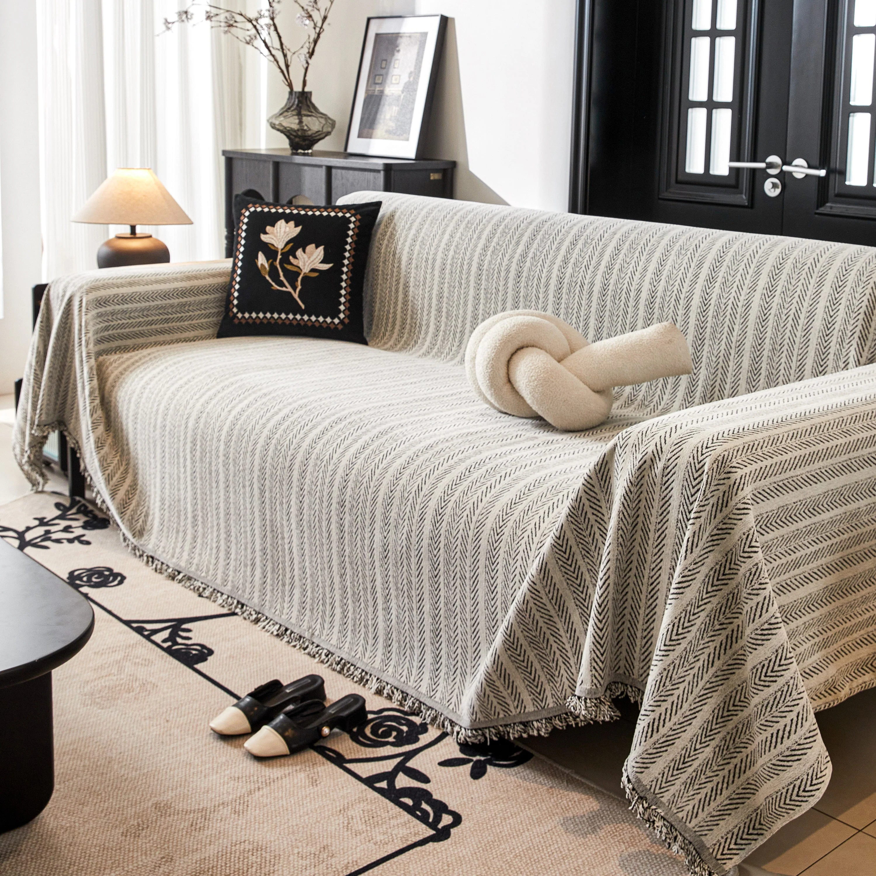 Herringbone Chenille Couch Cover Blanket Soft Durable Throw Sofa Protector with Tassel - Image 79