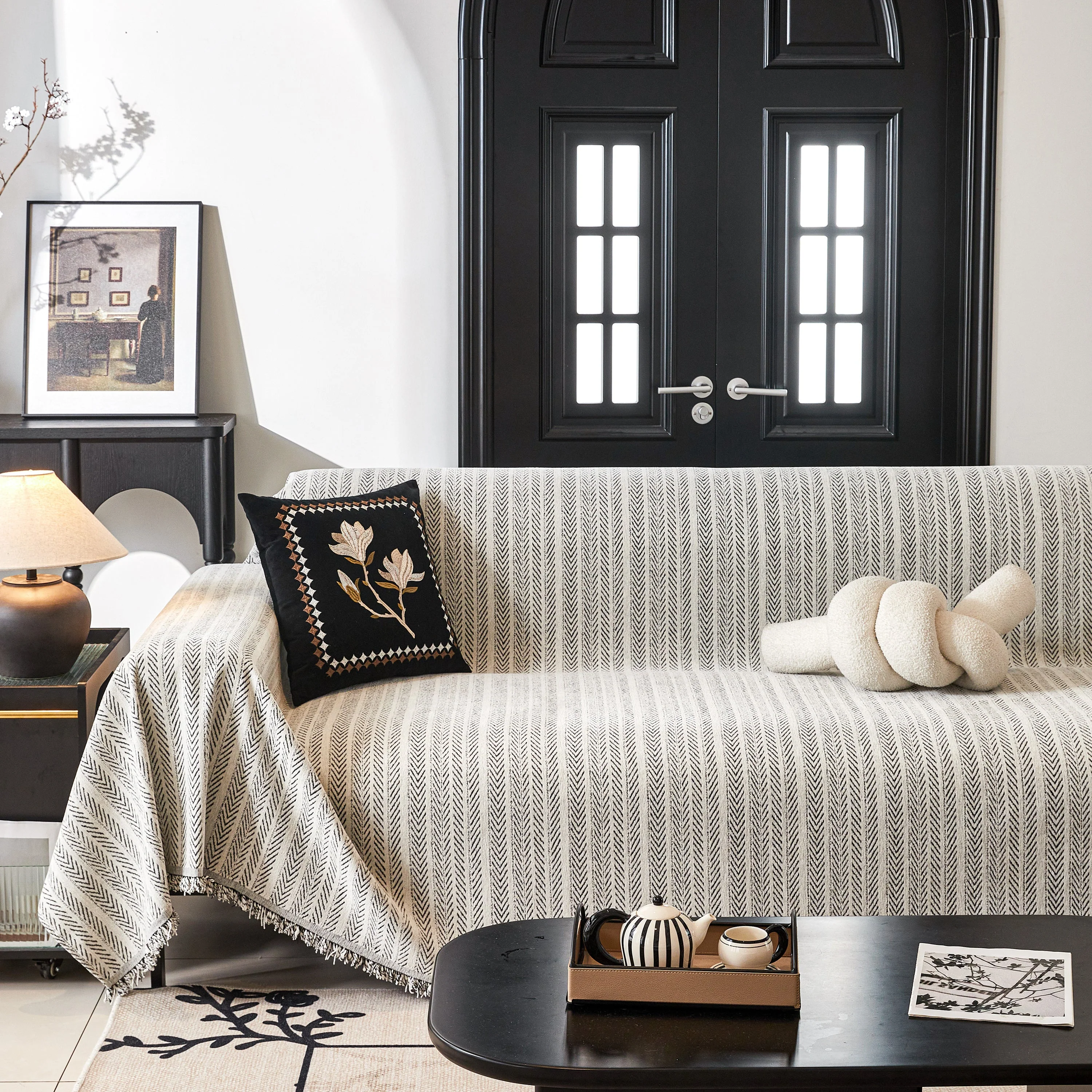 Herringbone Chenille Couch Cover Blanket Soft Durable Throw Sofa Protector with Tassel - Image 81