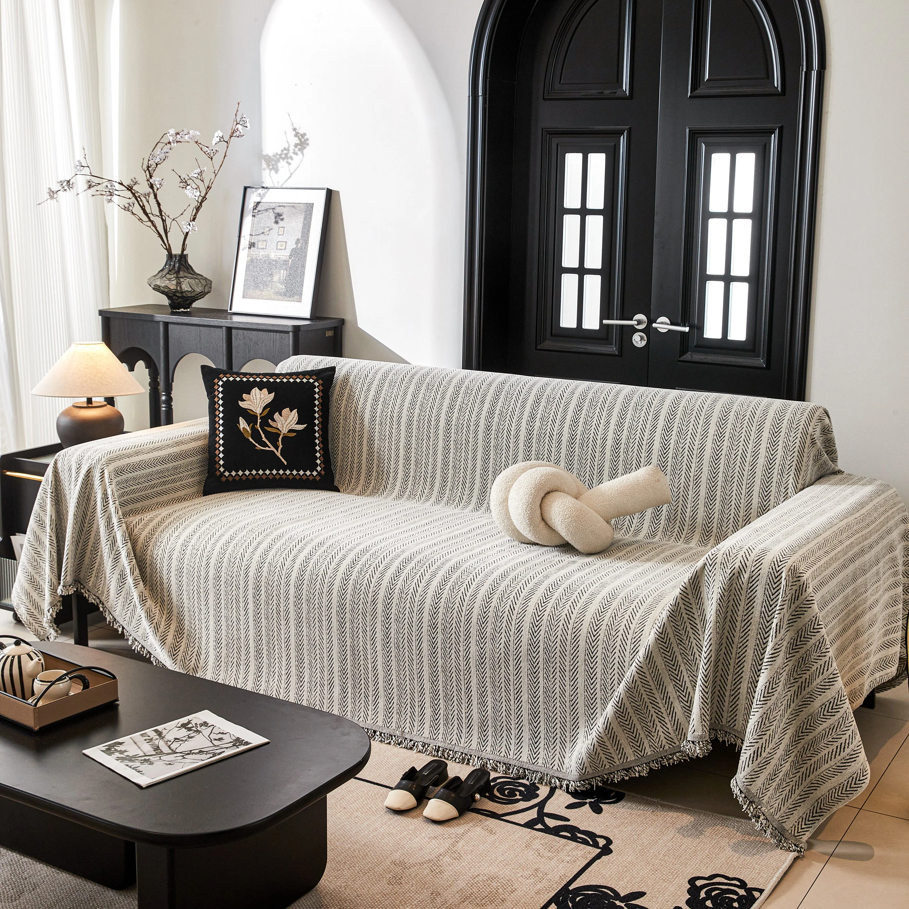 Herringbone Chenille Couch Cover Blanket Soft Durable Throw Sofa Protector with Tassel - Image 82