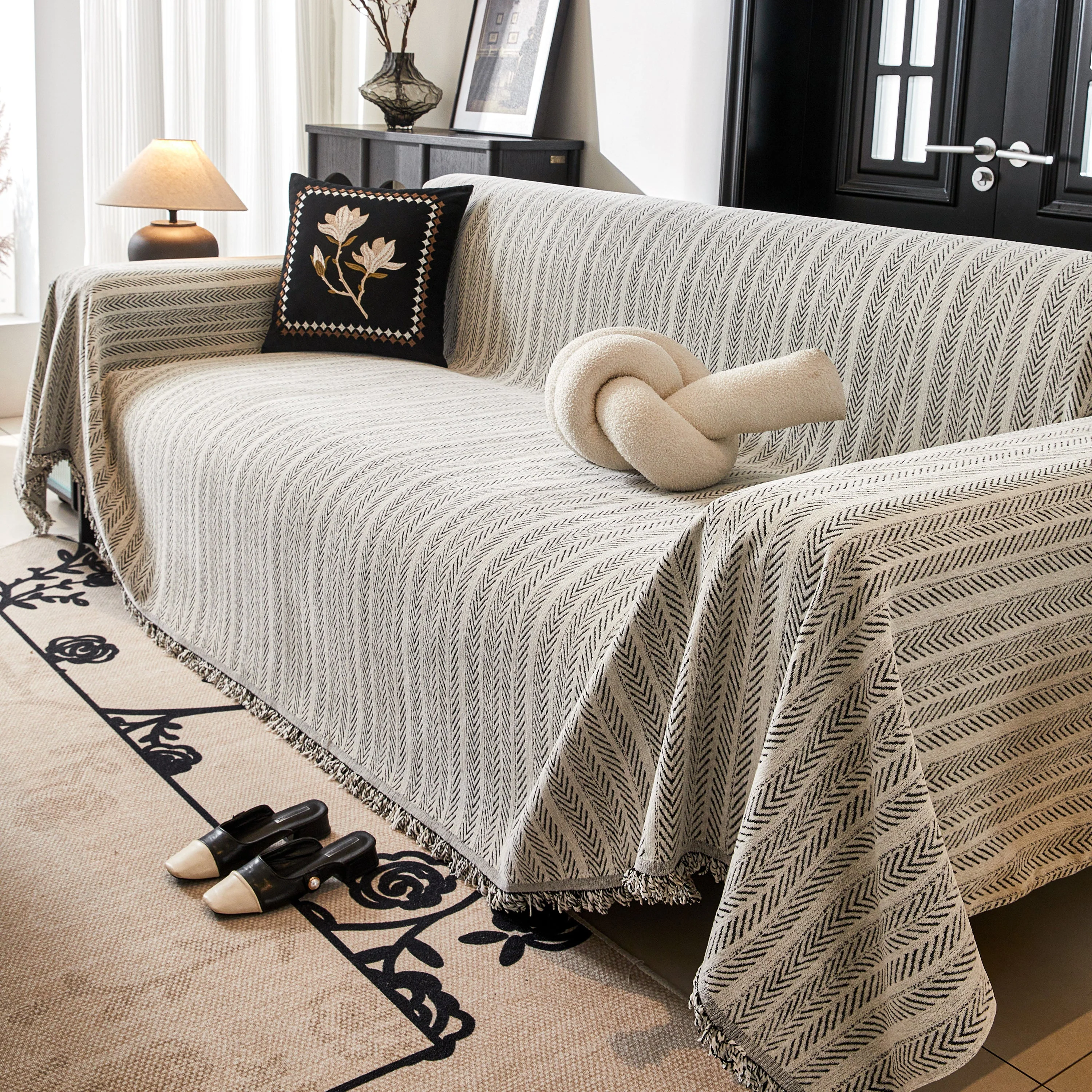 Herringbone Chenille Couch Cover Blanket Soft Durable Throw Sofa Protector with Tassel - Image 83