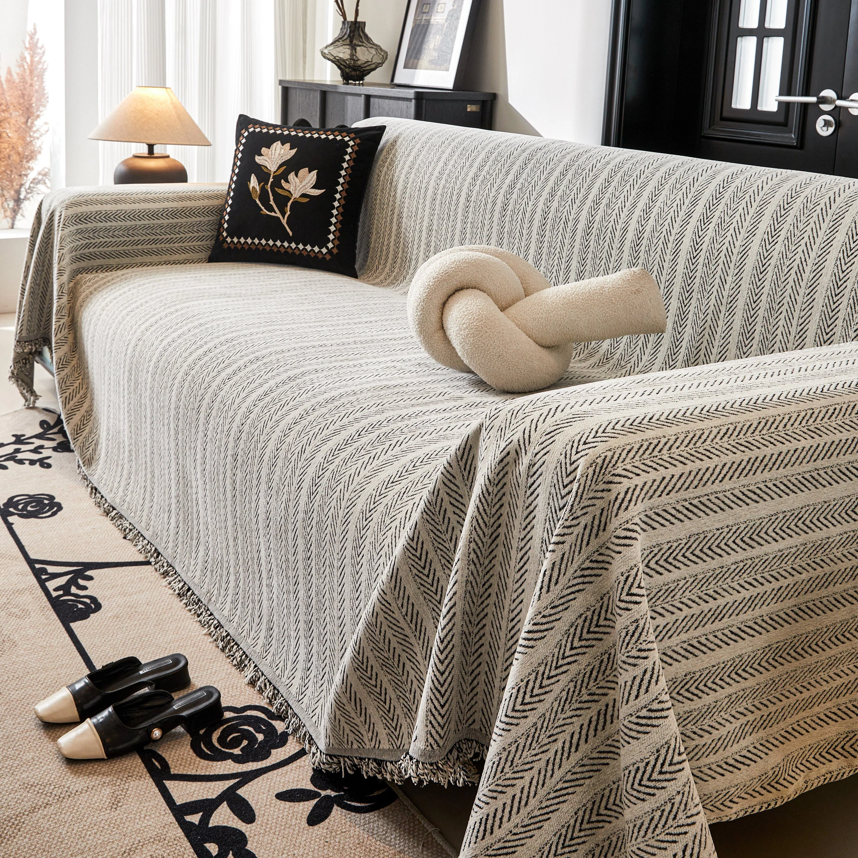 Herringbone Chenille Couch Cover Blanket Soft Durable Throw Sofa Protector with Tassel - Image 84