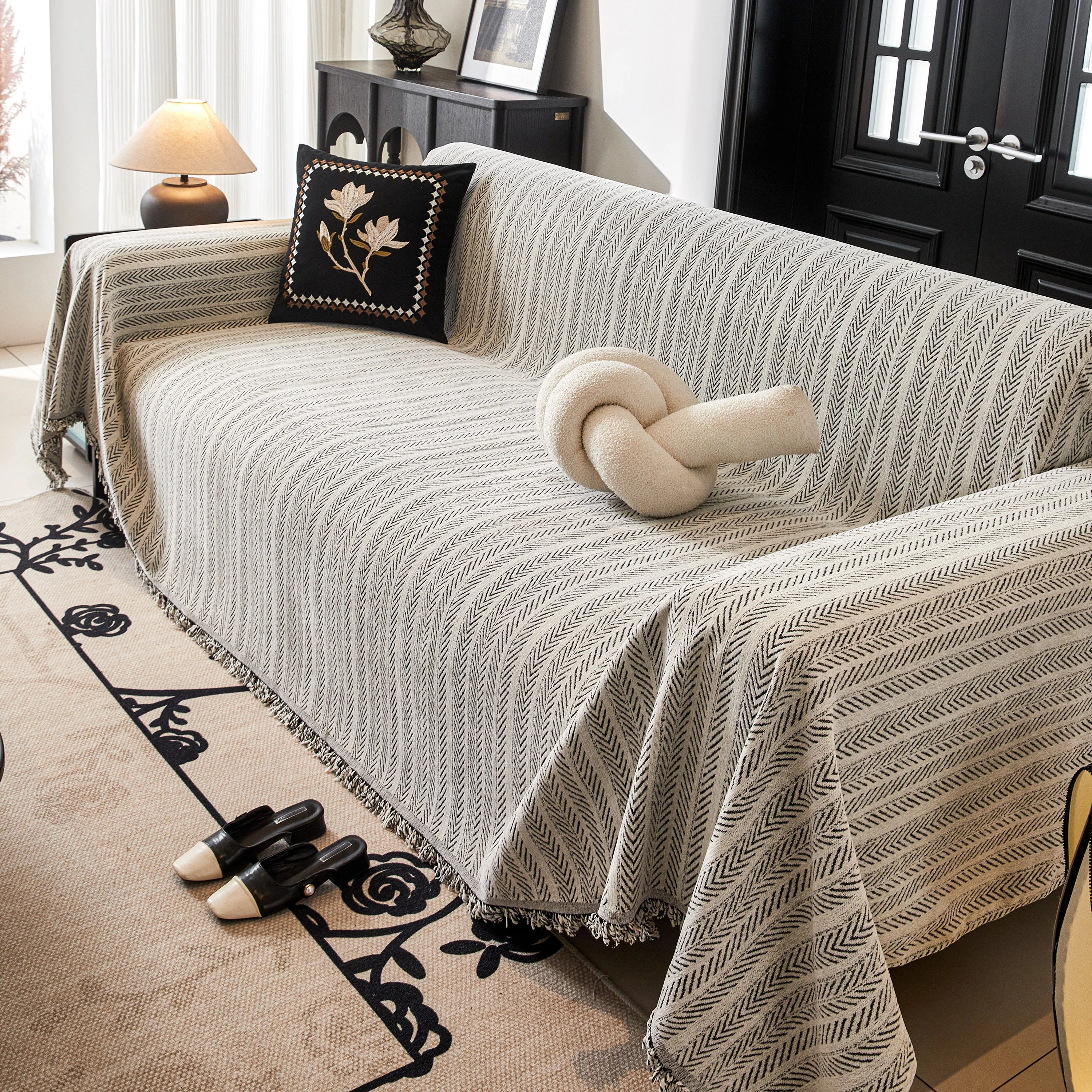 Herringbone Chenille Couch Cover Blanket Soft Durable Throw Sofa Protector with Tassel - Image 85