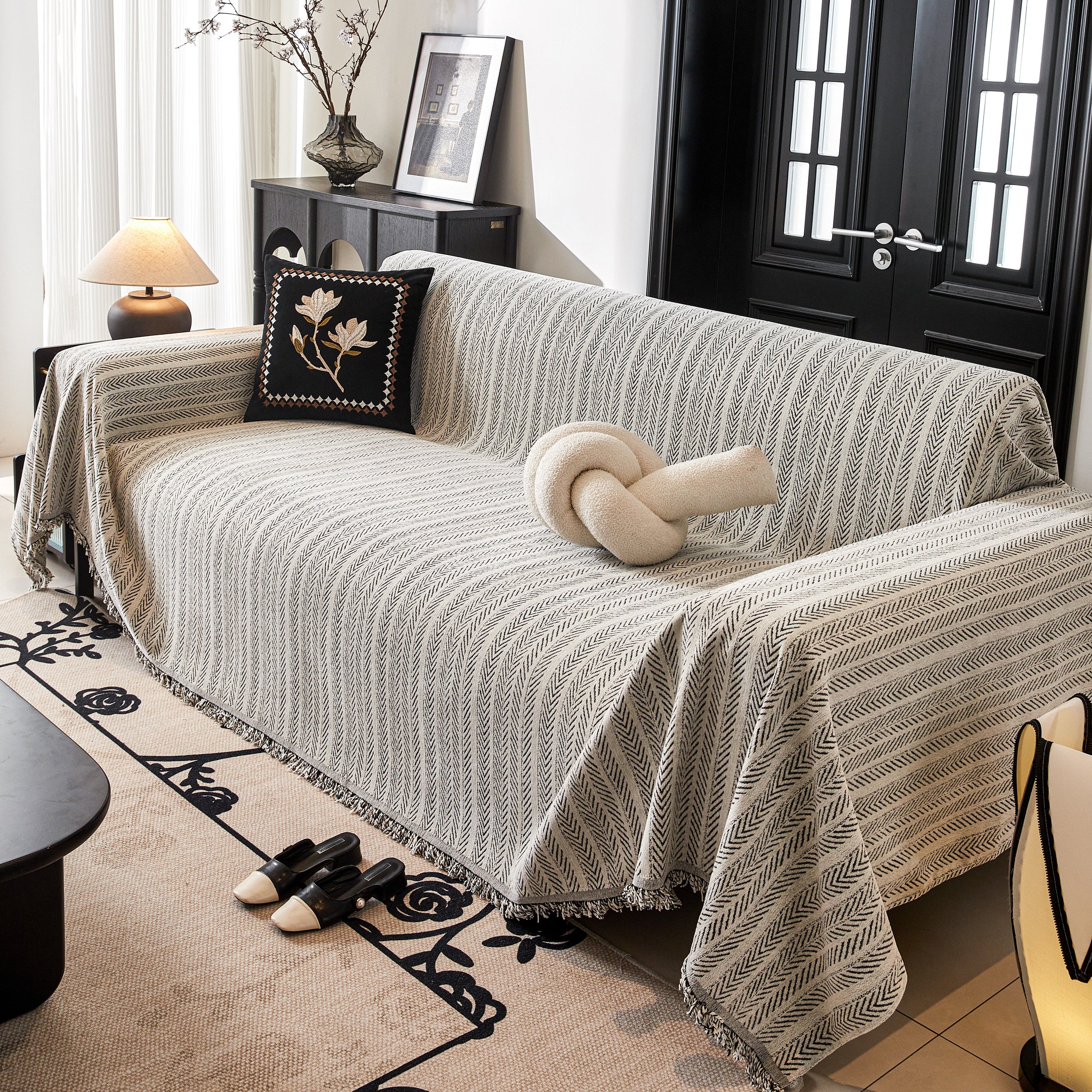Herringbone Chenille Couch Cover Blanket Soft Durable Throw Sofa Protector with Tassel - Image 86