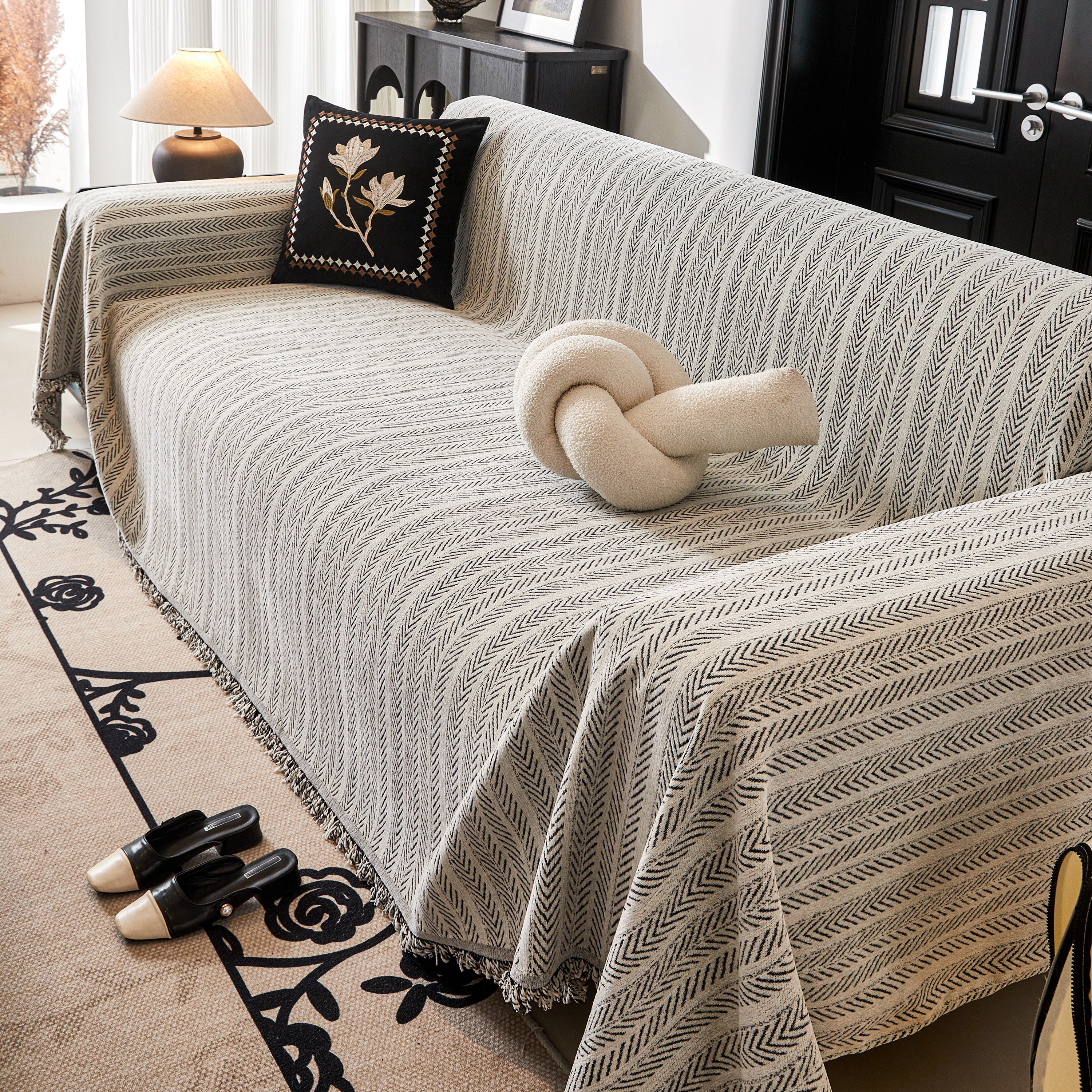 Herringbone Chenille Couch Cover Blanket Soft Durable Throw Sofa Protector with Tassel - Image 87