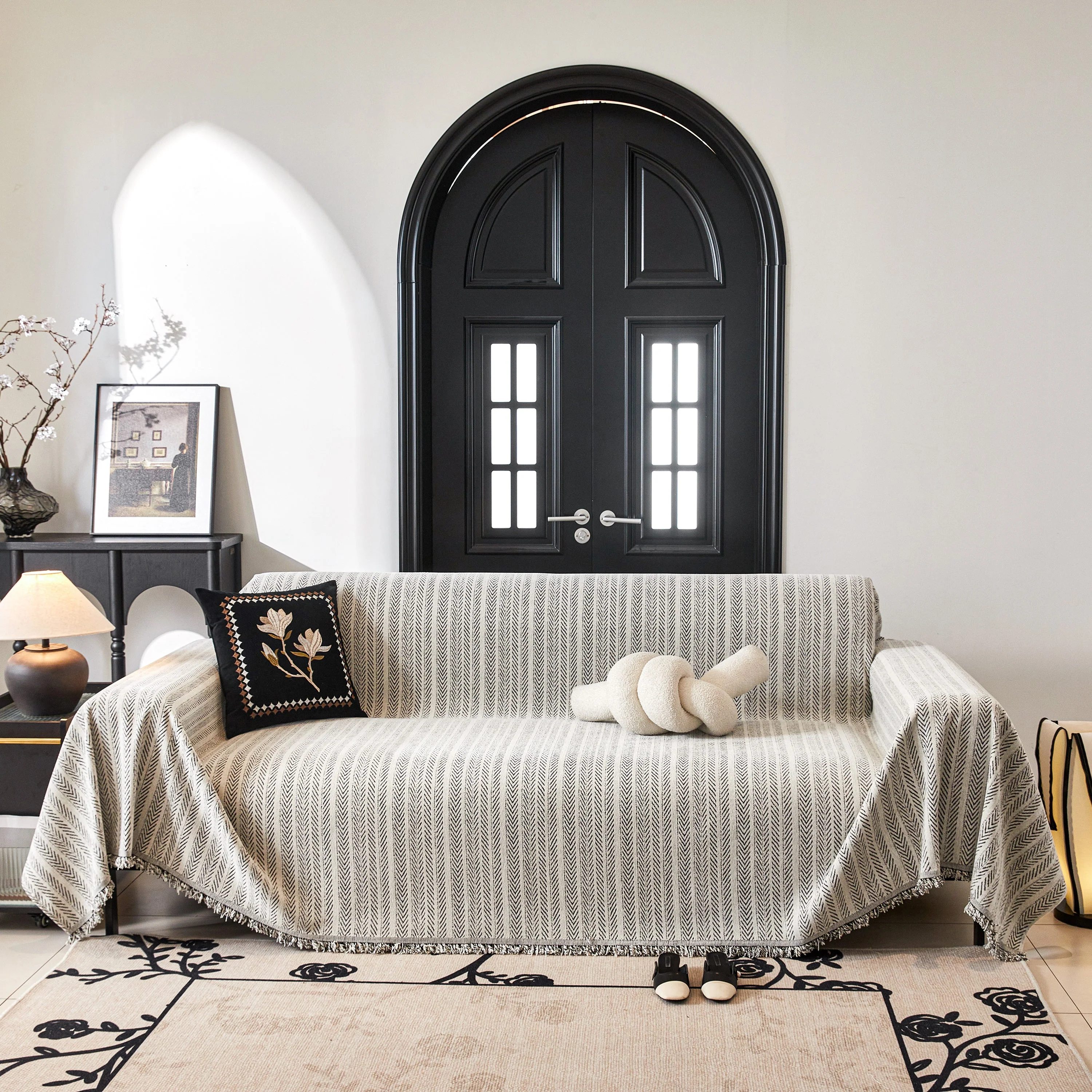 Herringbone Chenille Couch Cover Blanket Soft Durable Throw Sofa Protector with Tassel - Image 88