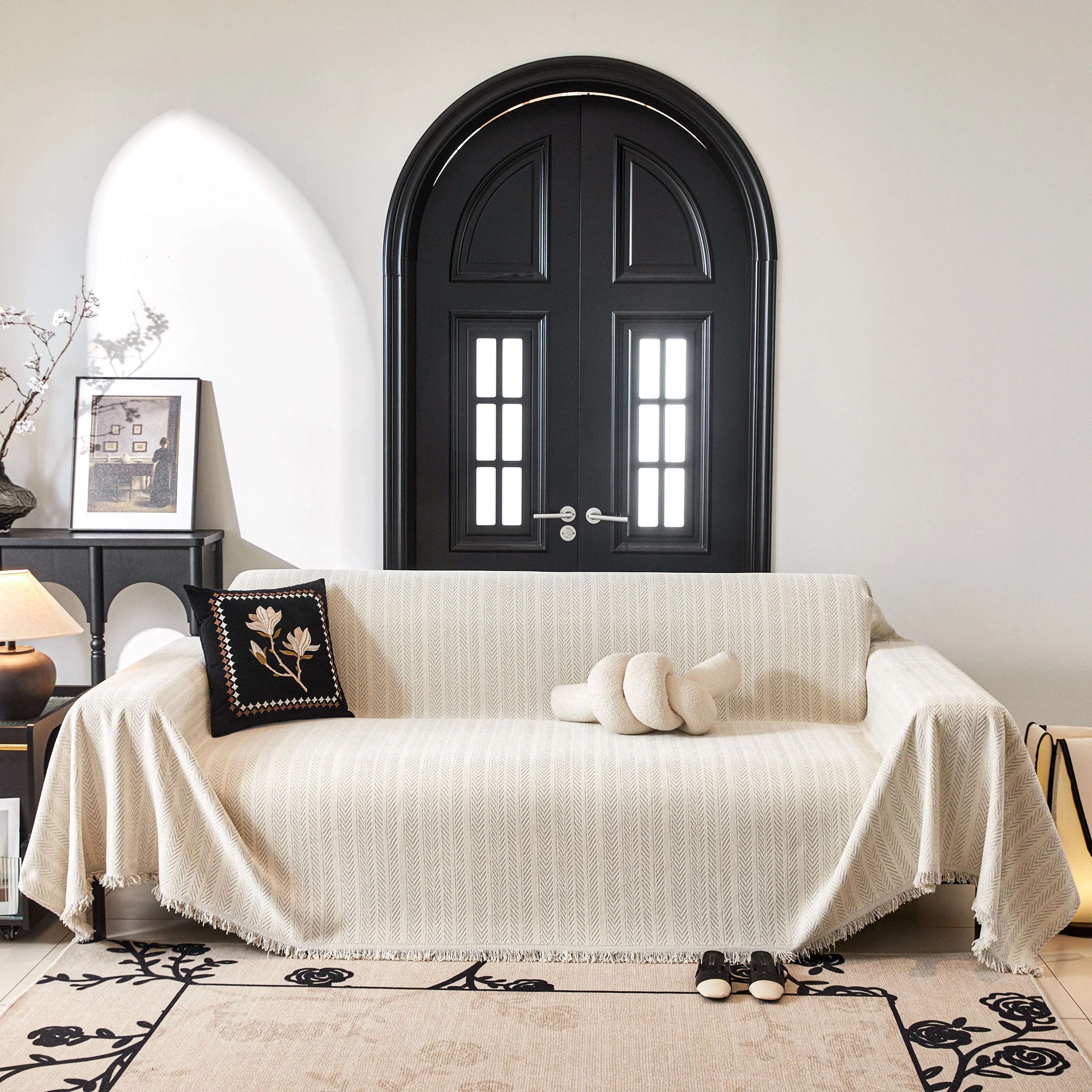 Herringbone Chenille Couch Cover Blanket Soft Durable Throw Sofa Protector with Tassel - Image 89