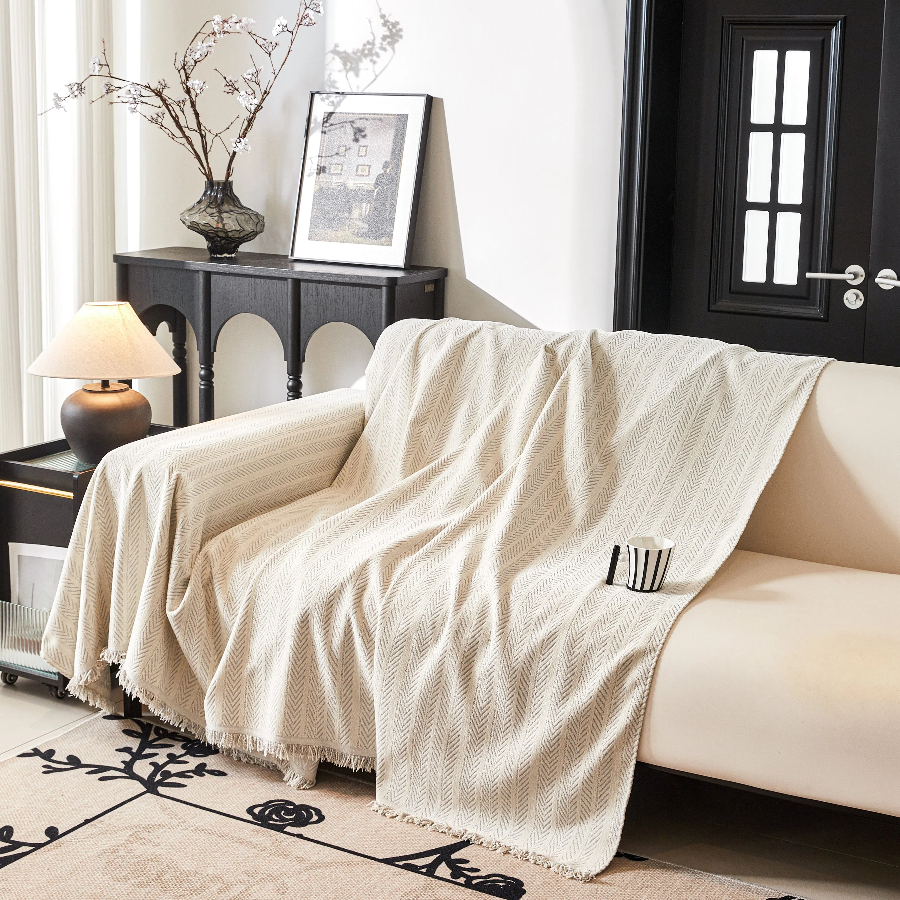 Herringbone Chenille Couch Cover Blanket Soft Durable Throw Sofa Protector with Tassel - Image 95