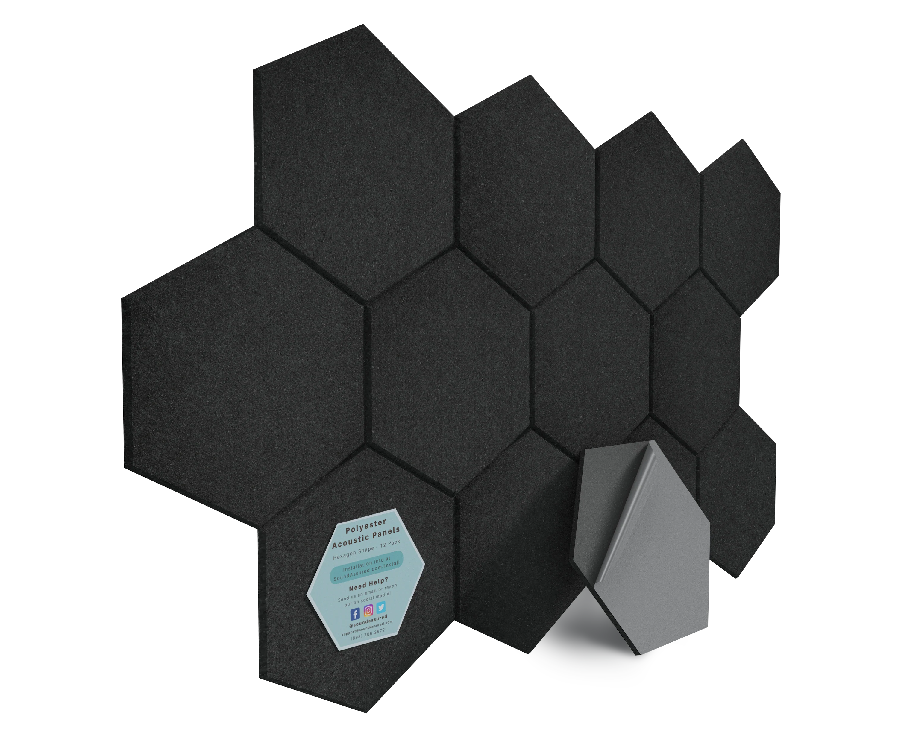 Hexagon Polyester Acoustic Panels - 12 Pack | Eco-Friendly Sound Absorption | Easy Peel & Stick Installation