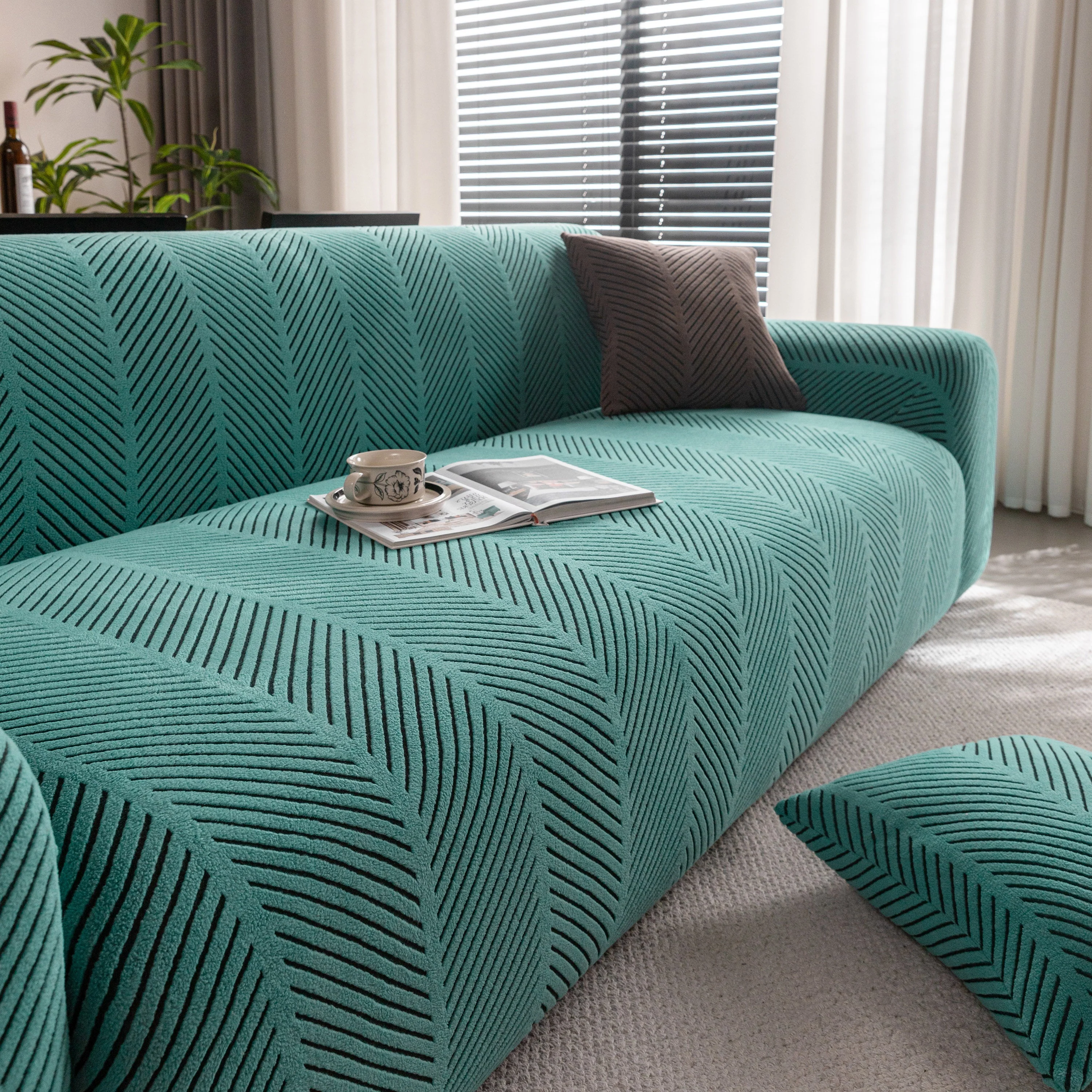 High Stretch Chevron Sofa Cover, Soft Washable Textured Jacquard Slipcover for Couch - Image 15