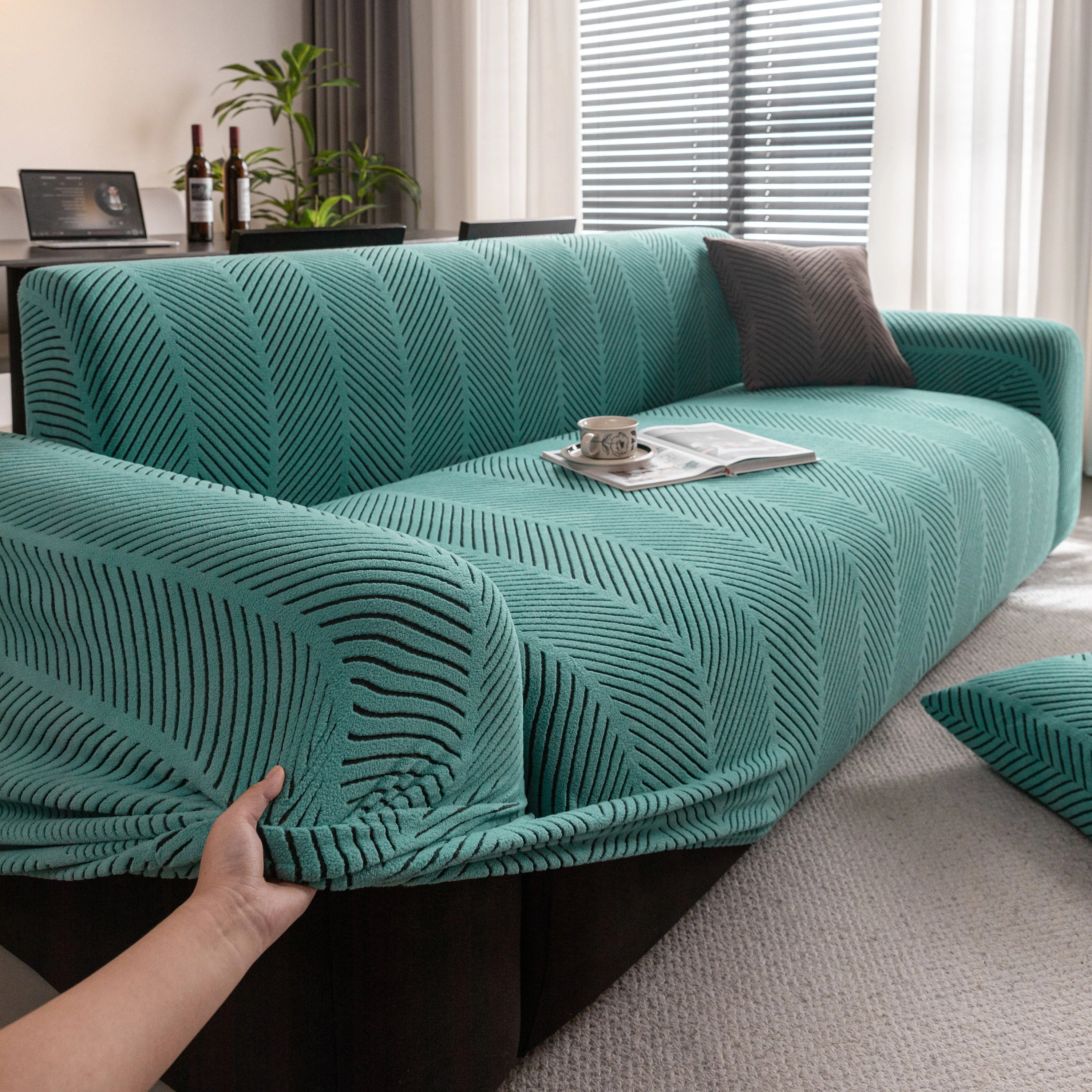 High Stretch Chevron Sofa Cover, Soft Washable Textured Jacquard Slipcover for Couch - Image 16