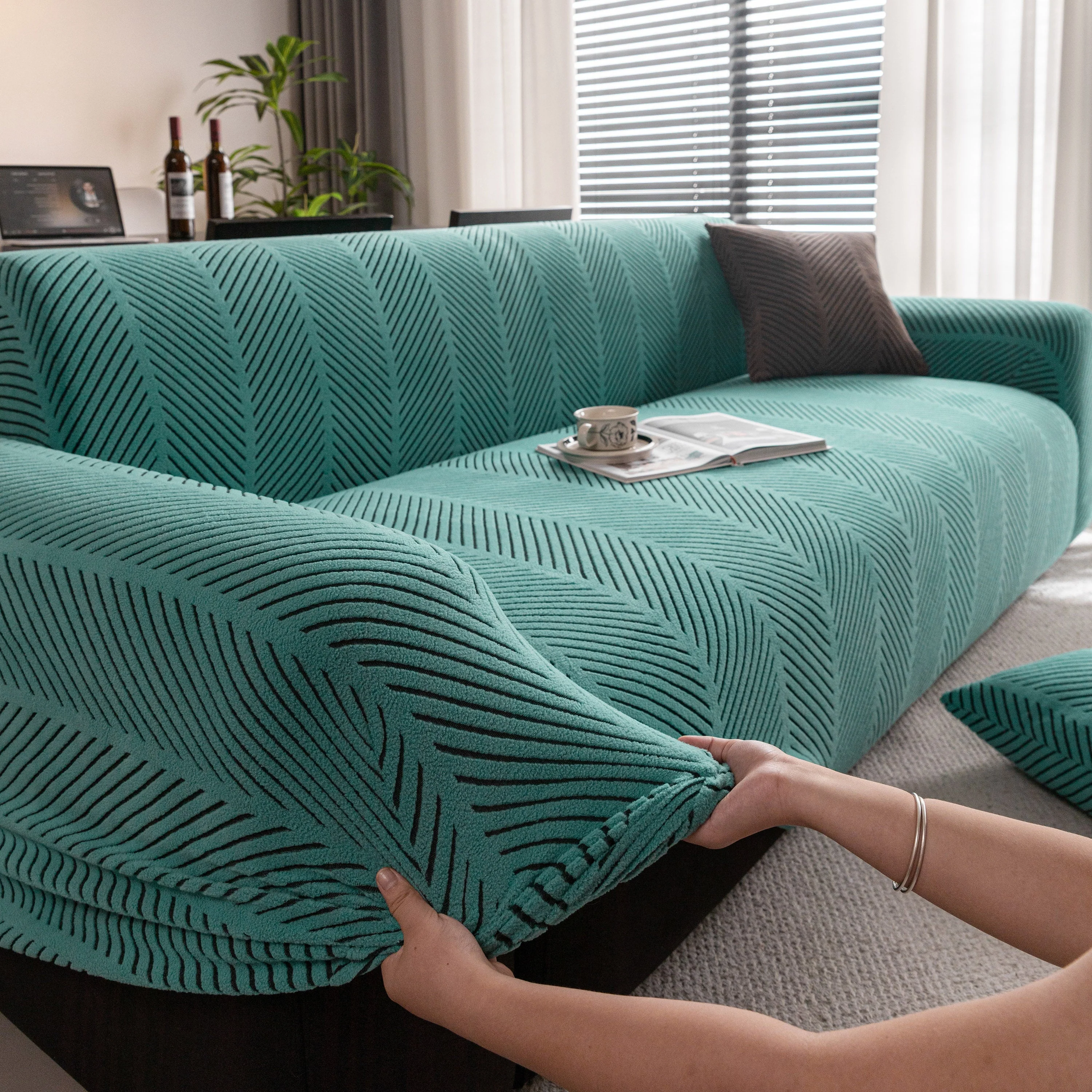 High Stretch Chevron Sofa Cover, Soft Washable Textured Jacquard Slipcover for Couch - Image 17