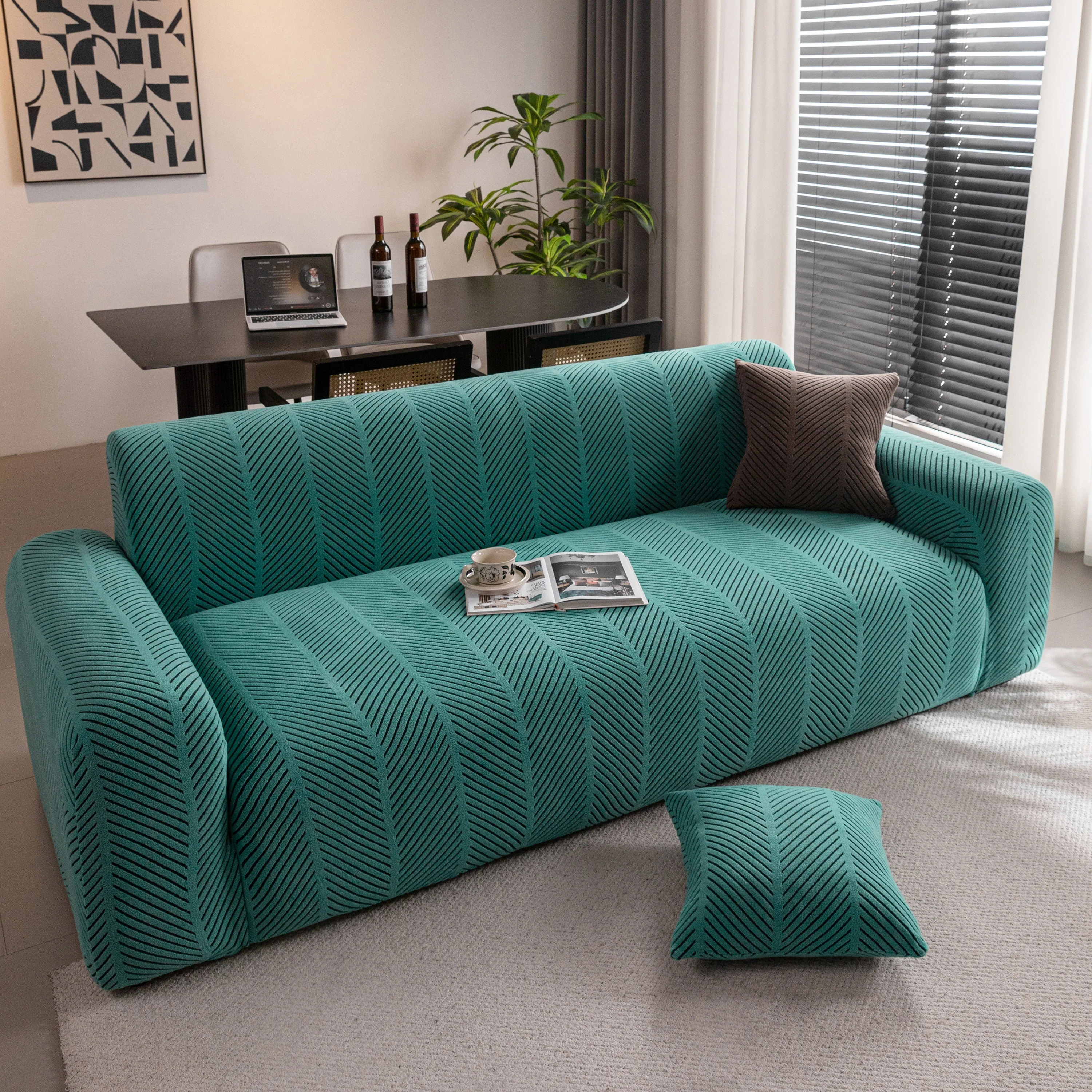 High Stretch Chevron Sofa Cover, Soft Washable Textured Jacquard Slipcover for Couch - Image 2