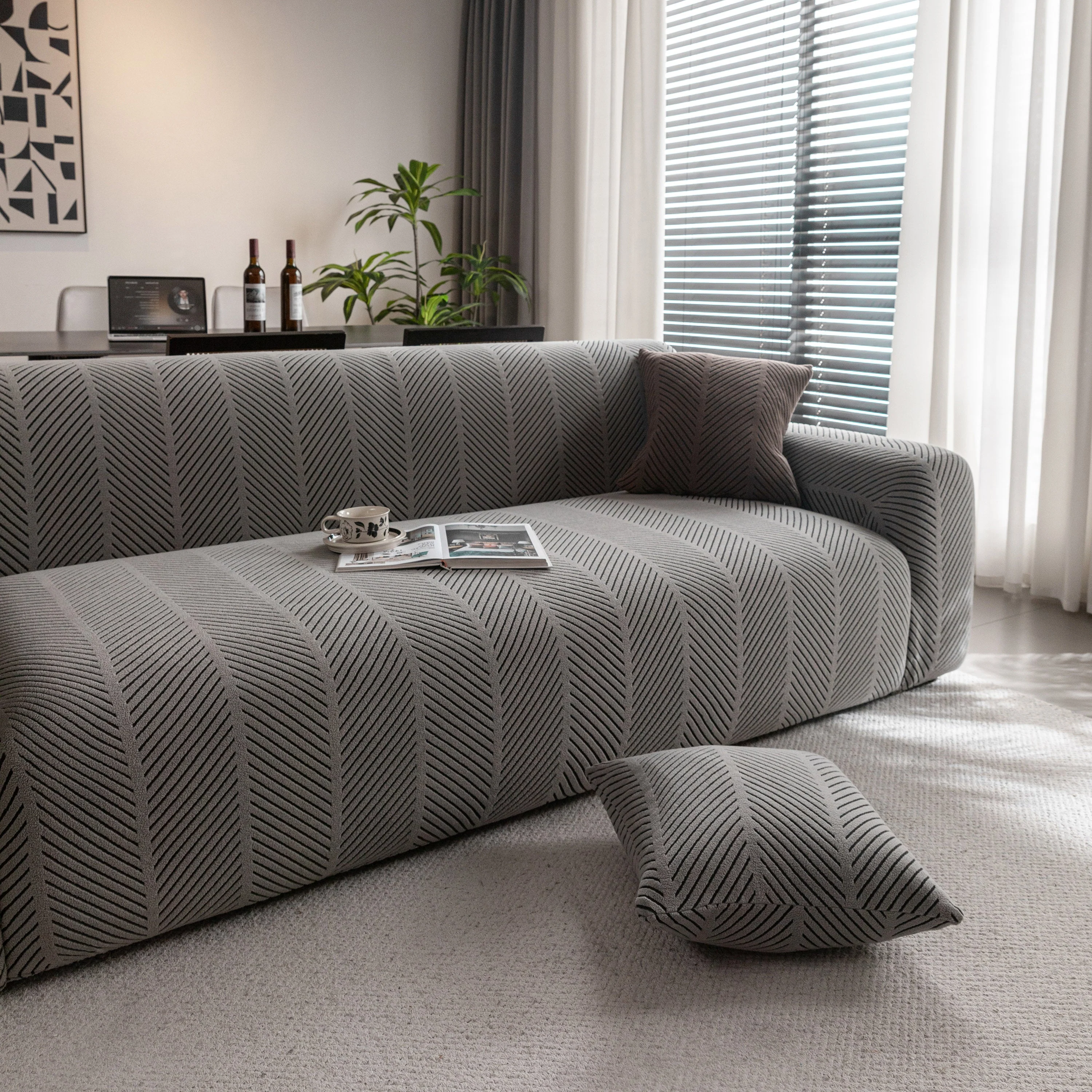 High Stretch Chevron Sofa Cover, Soft Washable Textured Jacquard Slipcover for Couch - Image 21