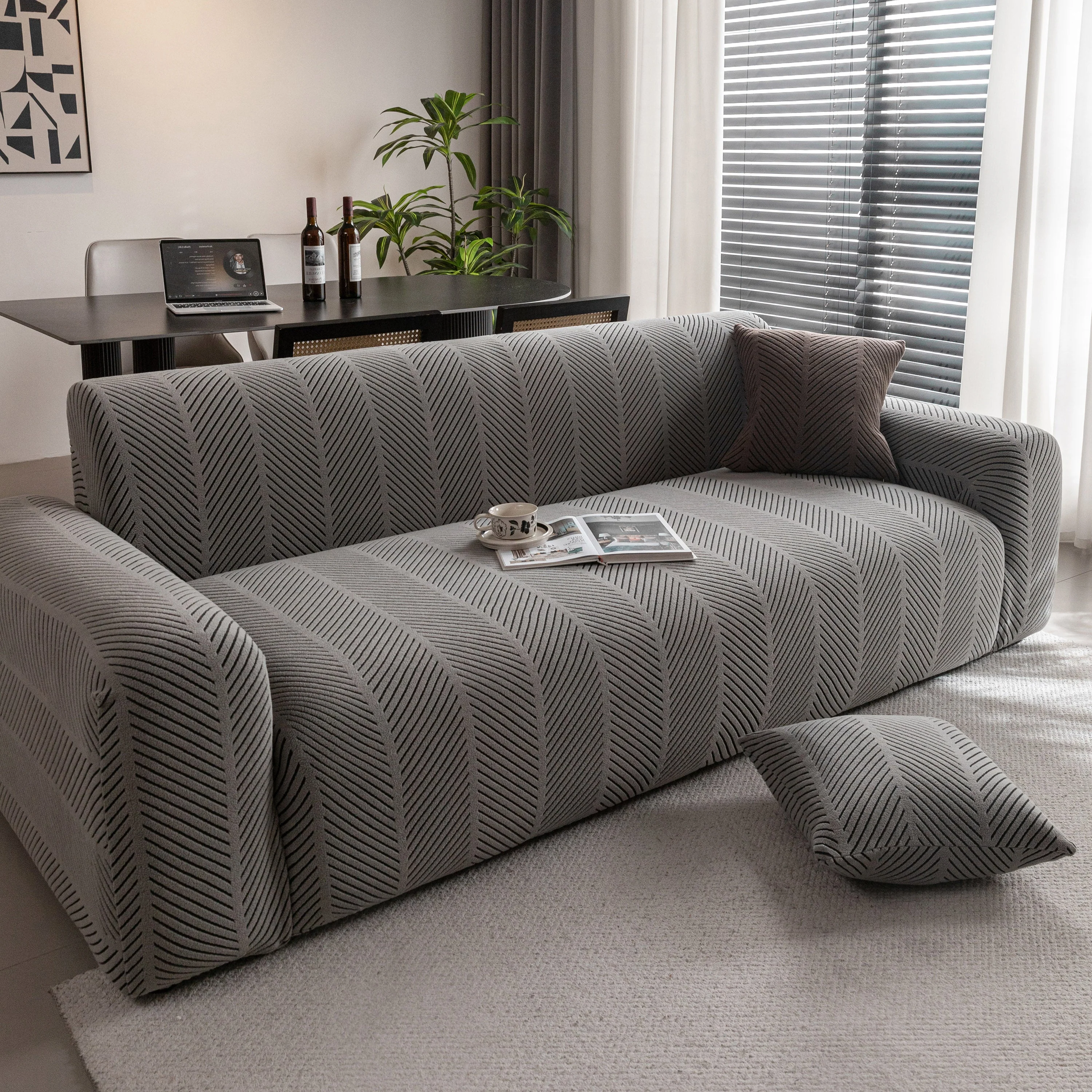 High Stretch Chevron Sofa Cover, Soft Washable Textured Jacquard Slipcover for Couch - Image 22