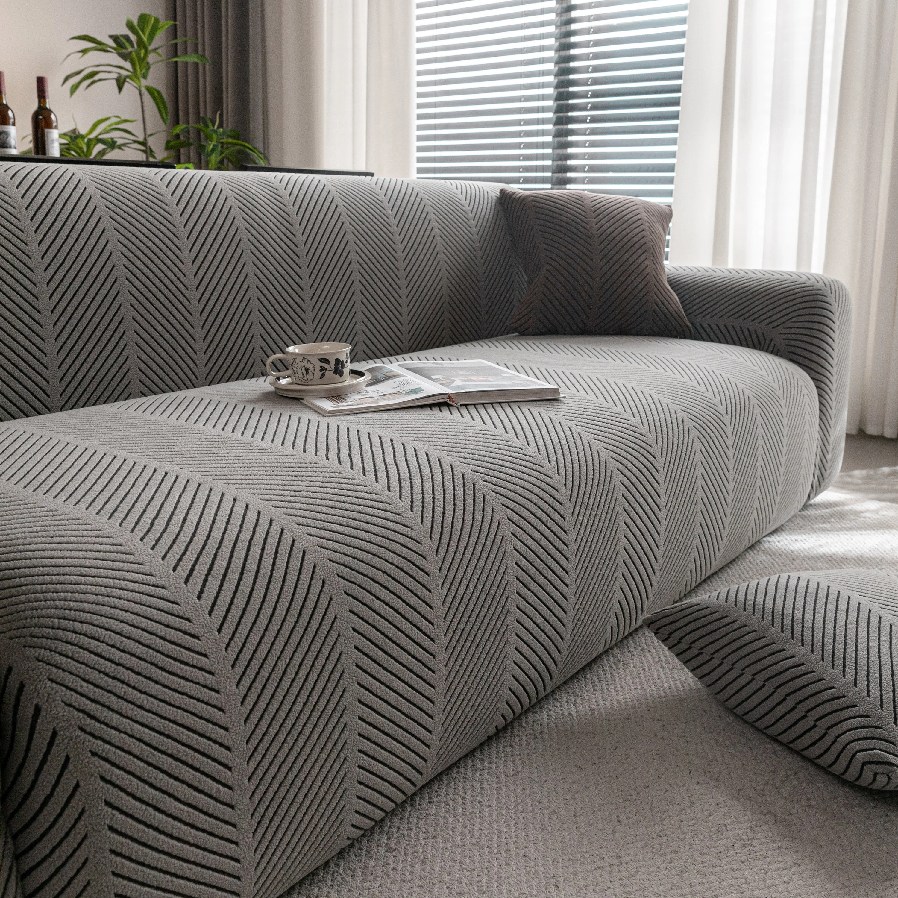 High Stretch Chevron Sofa Cover, Soft Washable Textured Jacquard Slipcover for Couch - Image 32