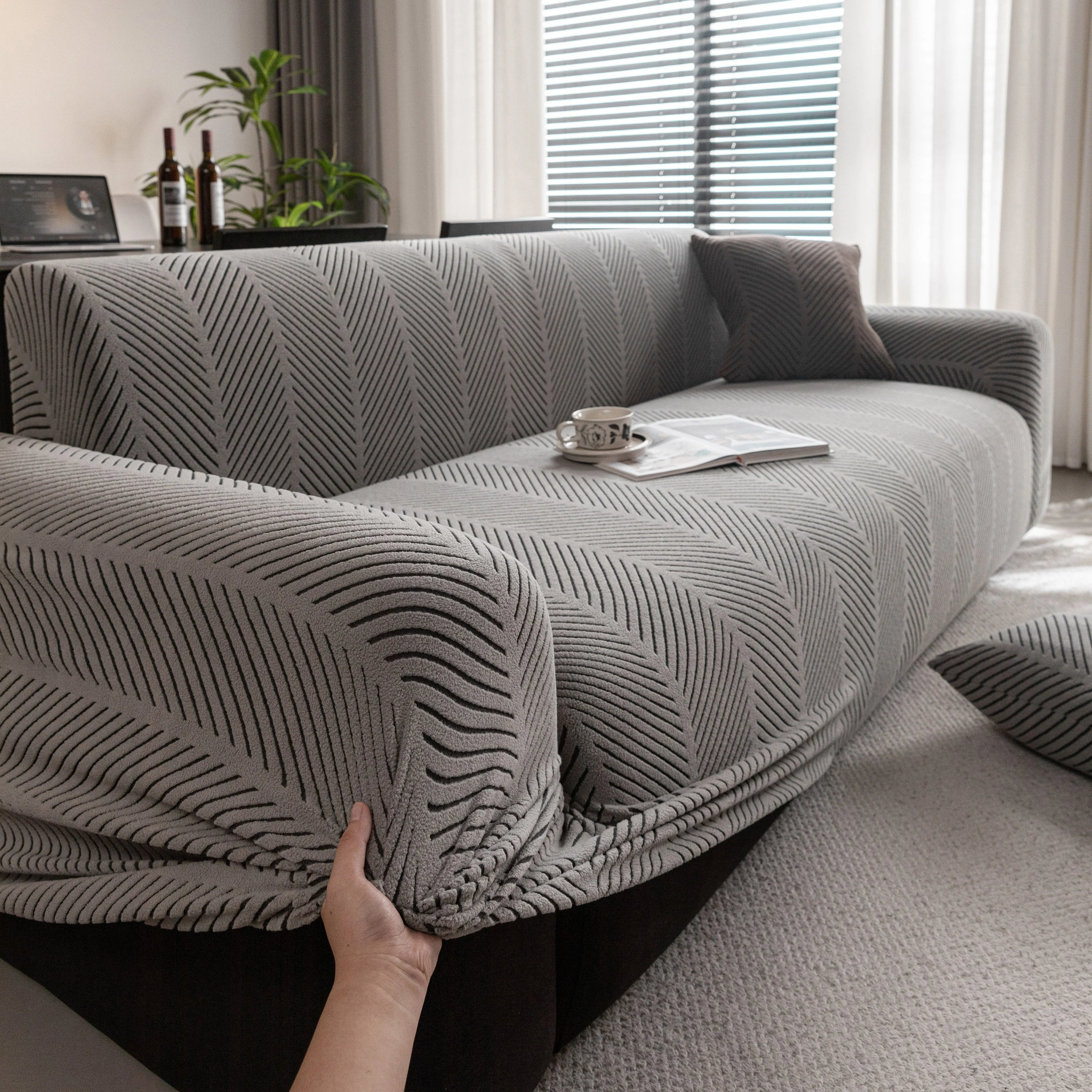 High Stretch Chevron Sofa Cover, Soft Washable Textured Jacquard Slipcover for Couch - Image 35