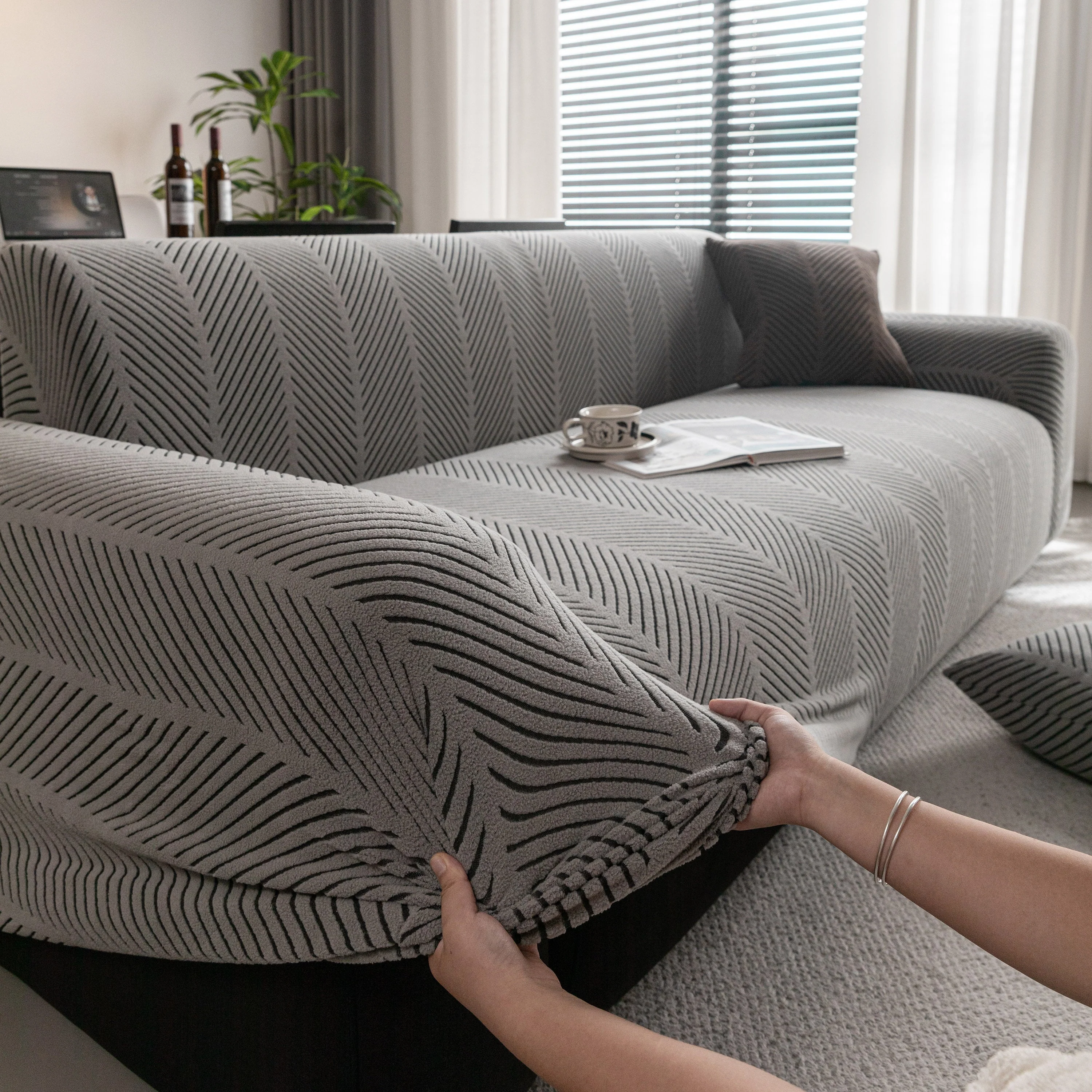 High Stretch Chevron Sofa Cover, Soft Washable Textured Jacquard Slipcover for Couch - Image 36