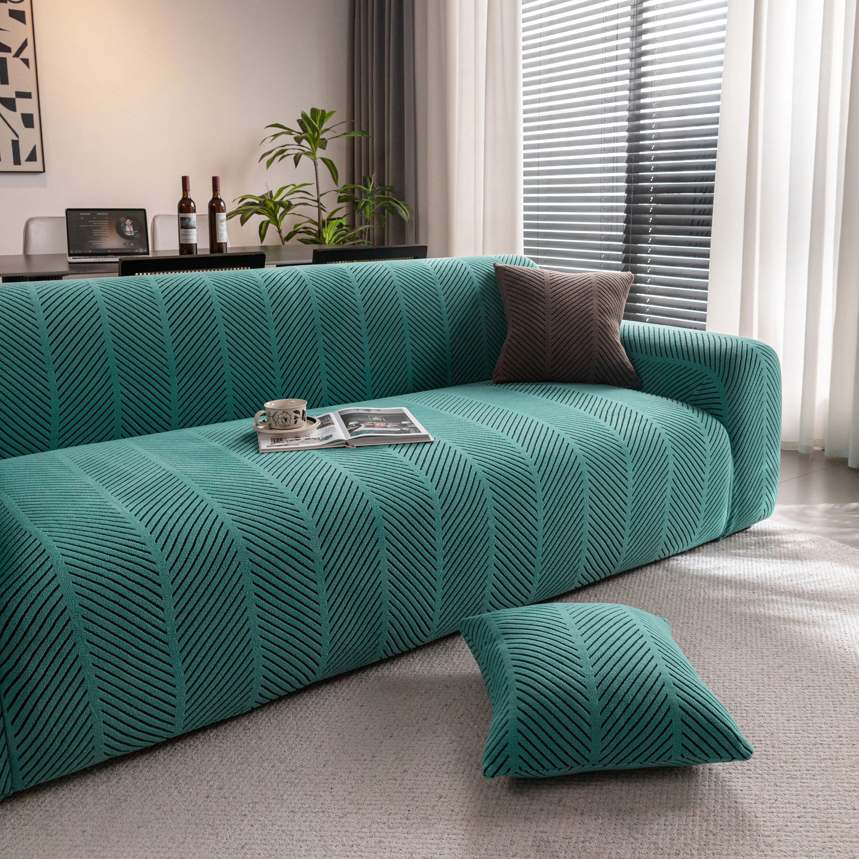 High Stretch Chevron Sofa Cover, Soft Washable Textured Jacquard Slipcover for Couch - Image 4