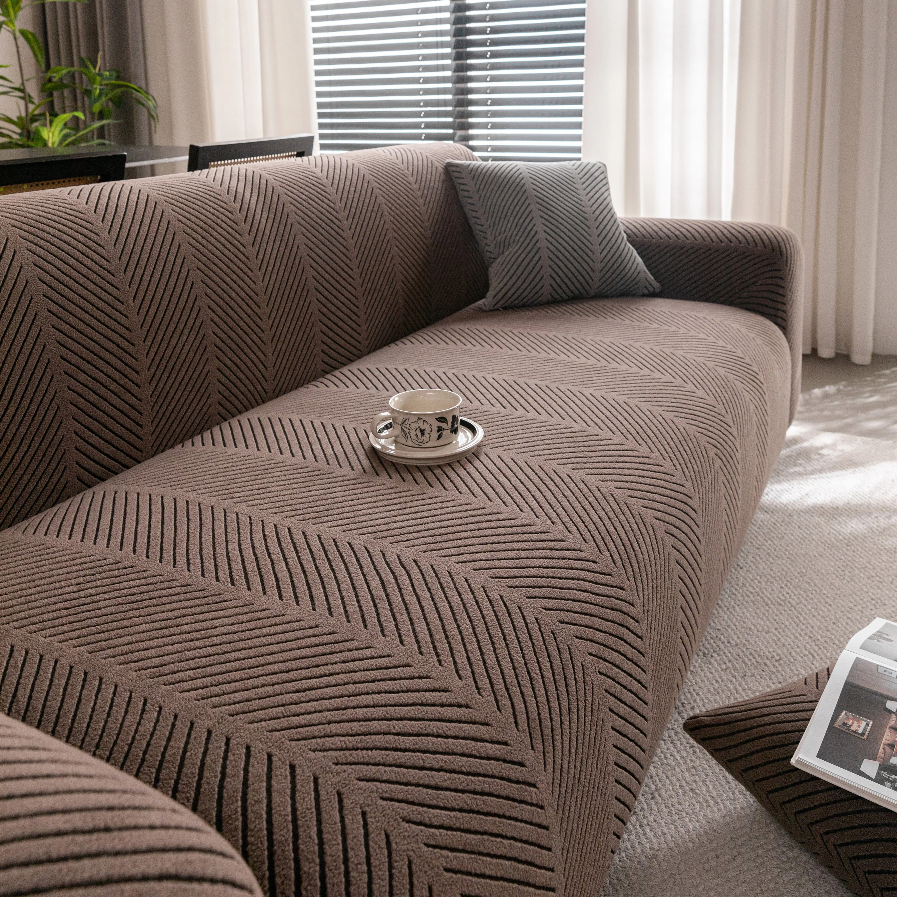 High Stretch Chevron Sofa Cover, Soft Washable Textured Jacquard Slipcover for Couch - Image 53