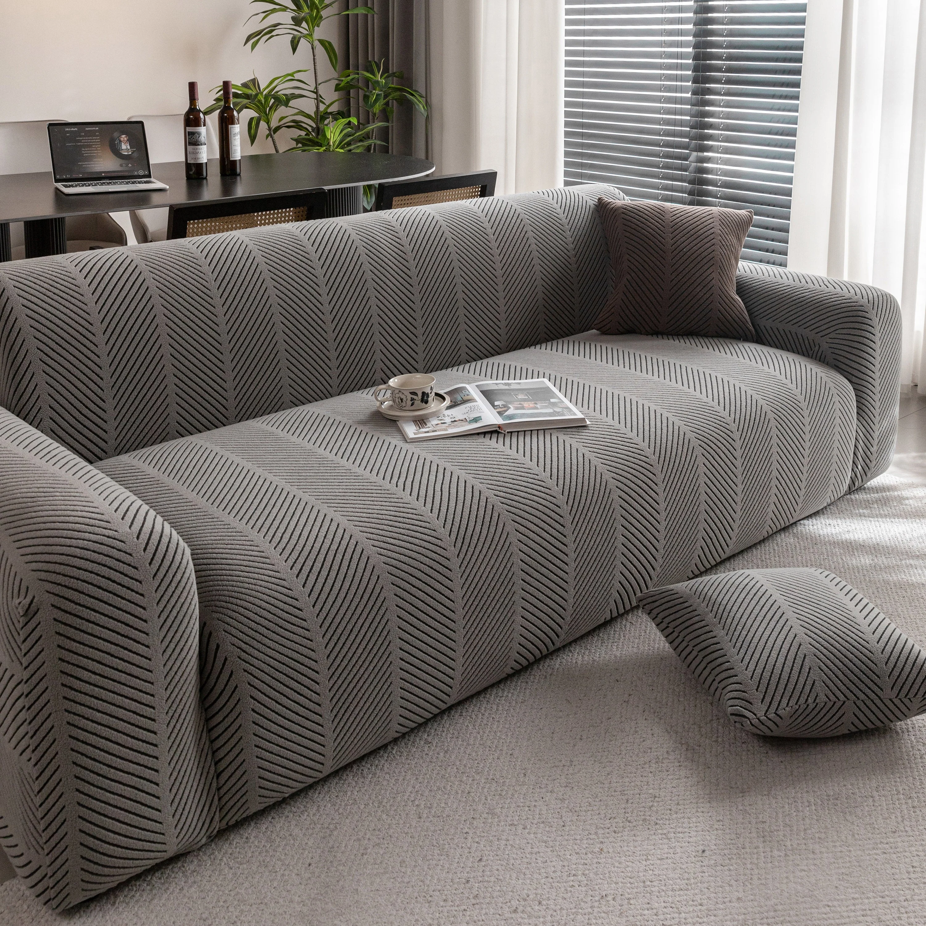 High Stretch Chevron Sofa Cover, Soft Washable Textured Jacquard Slipcover for Couch - Image 57