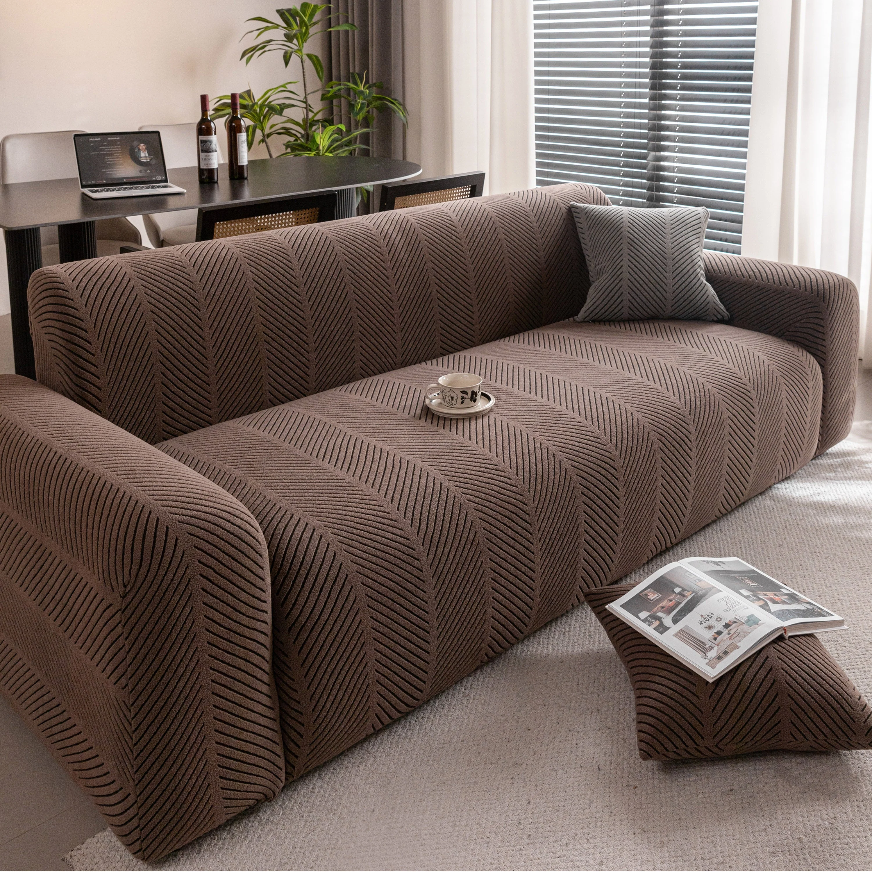 High Stretch Chevron Sofa Cover, Soft Washable Textured Jacquard Slipcover for Couch - Image 58