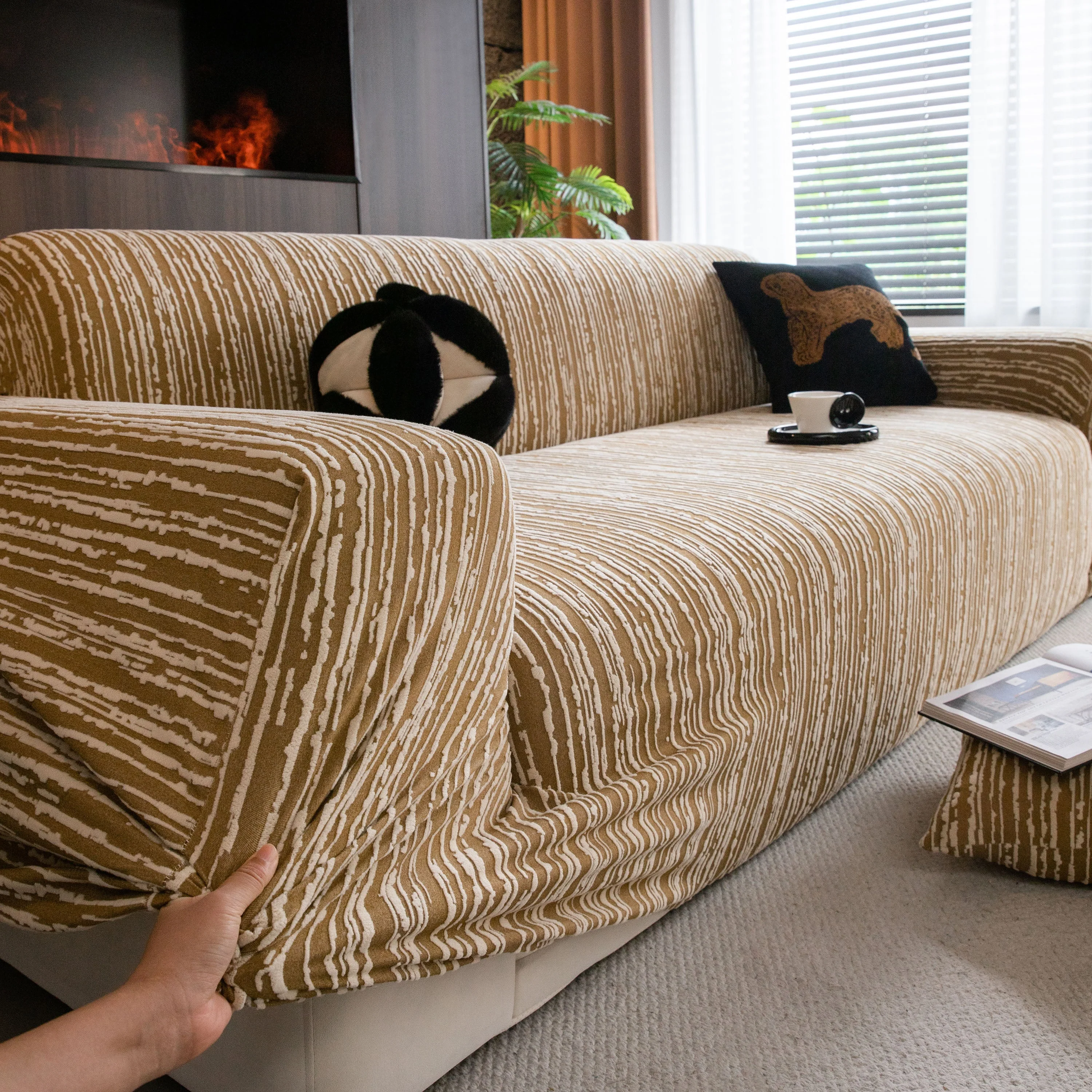 High Stretch Couch Slipcover with Abstract Stripe, Washable Non-Slip Cover for Dogs - Image 14