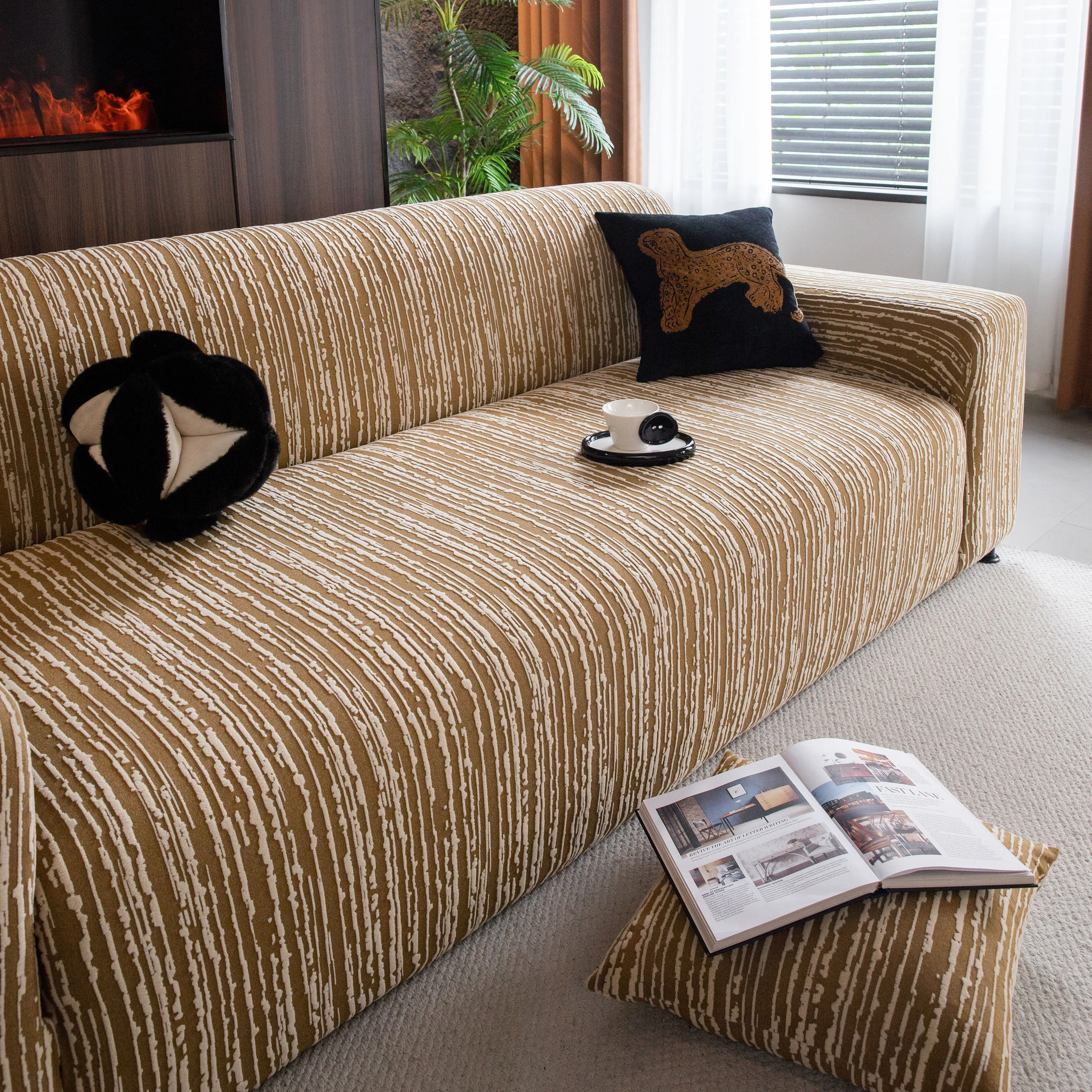 High Stretch Couch Slipcover with Abstract Stripe, Washable Non-Slip Cover for Dogs - Image 15
