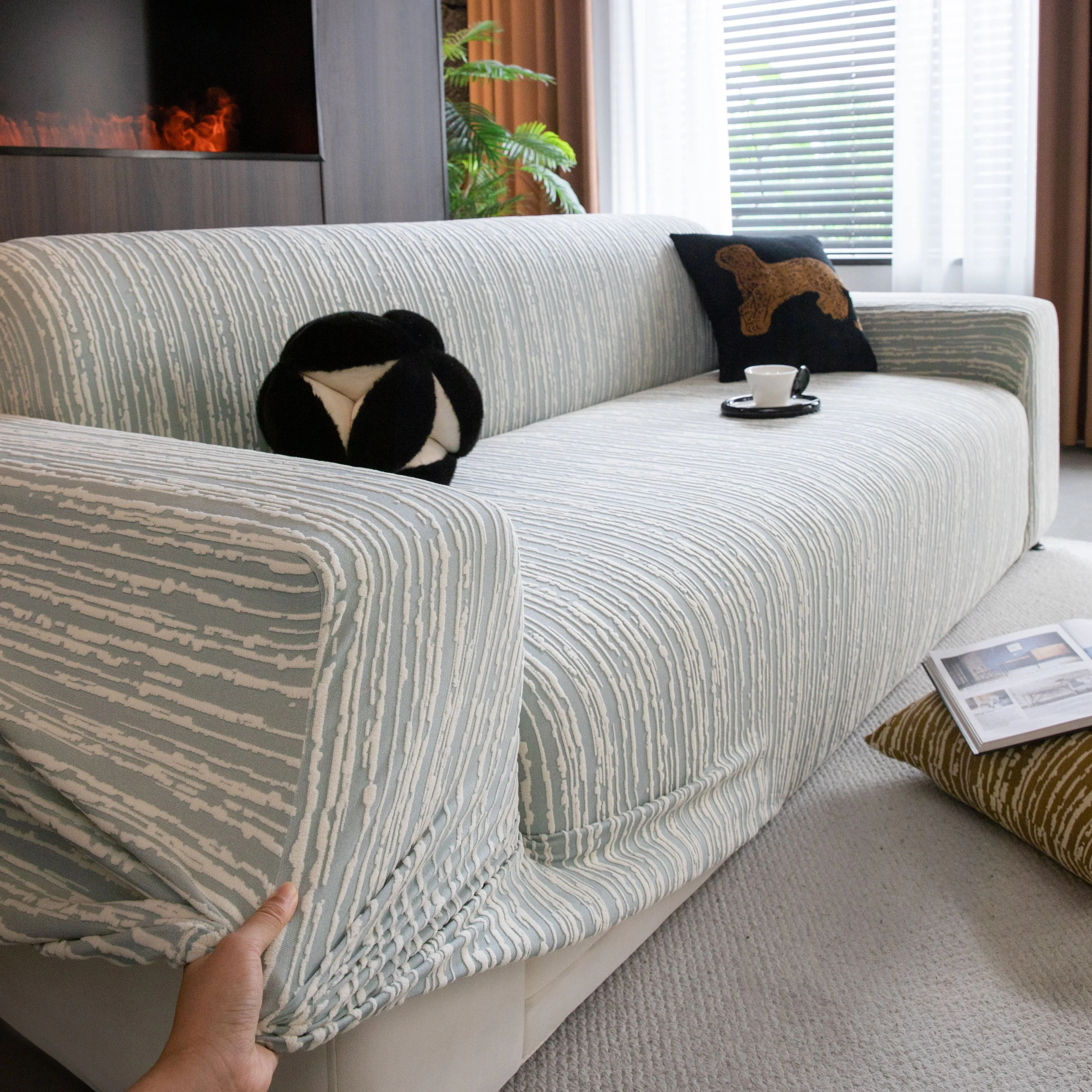 High Stretch Couch Slipcover with Abstract Stripe, Washable Non-Slip Cover for Dogs - Image 34
