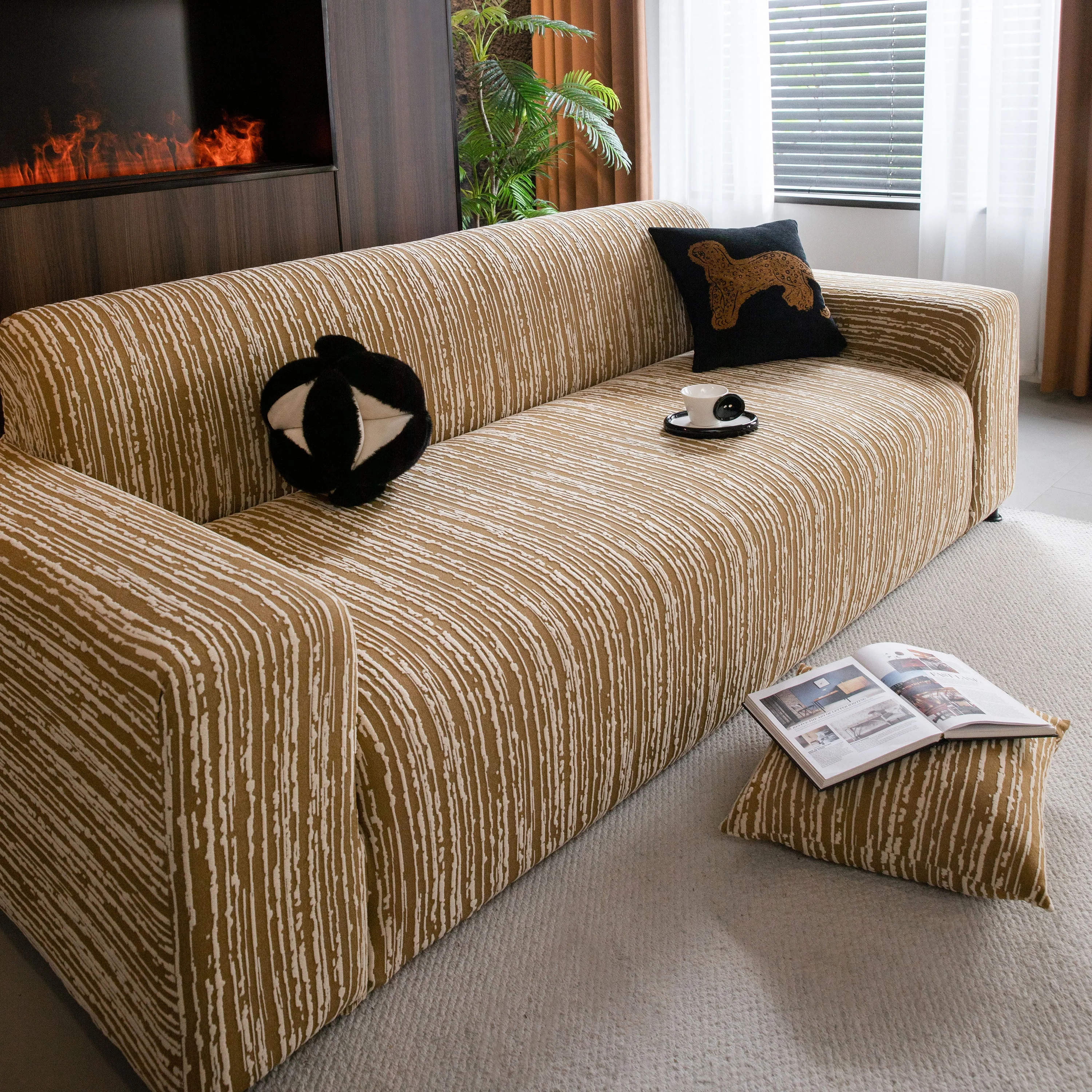 High Stretch Couch Slipcover with Abstract Stripe, Washable Non-Slip Cover for Dogs - Image 5
